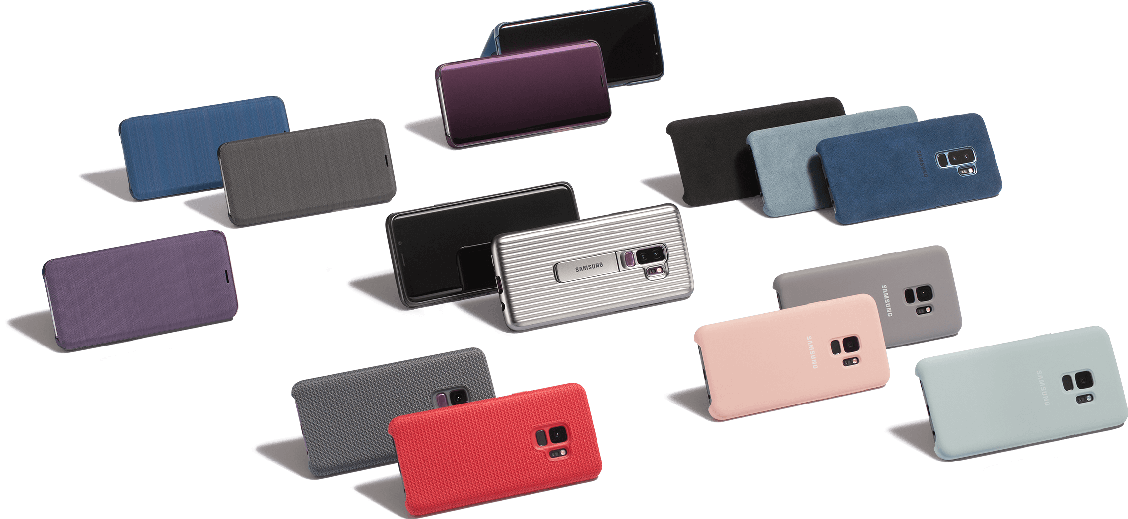 The galaxy s9’s covers are on display for each material and color.