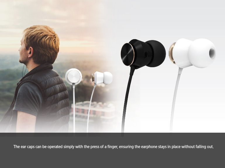 The ear caps can be operated simply with the press of a finger, ensuring the earphone stays in place without falling out.