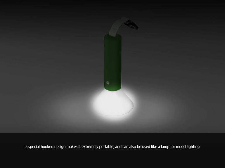 Its special hooked design makes it extremely portable, and can also be used like a lamp for mood lighting.