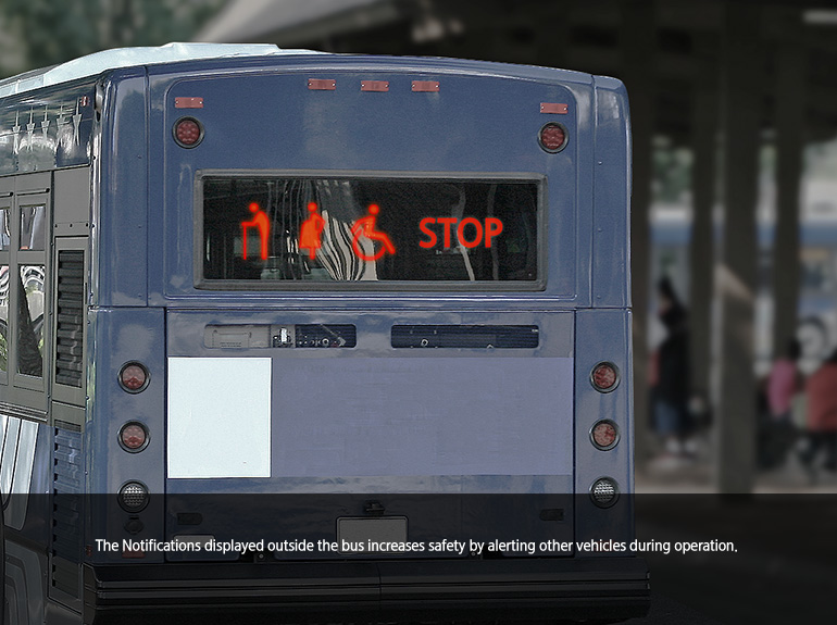 Notifications displayed outside the bus increases safety by alerting other vehicles during operation.