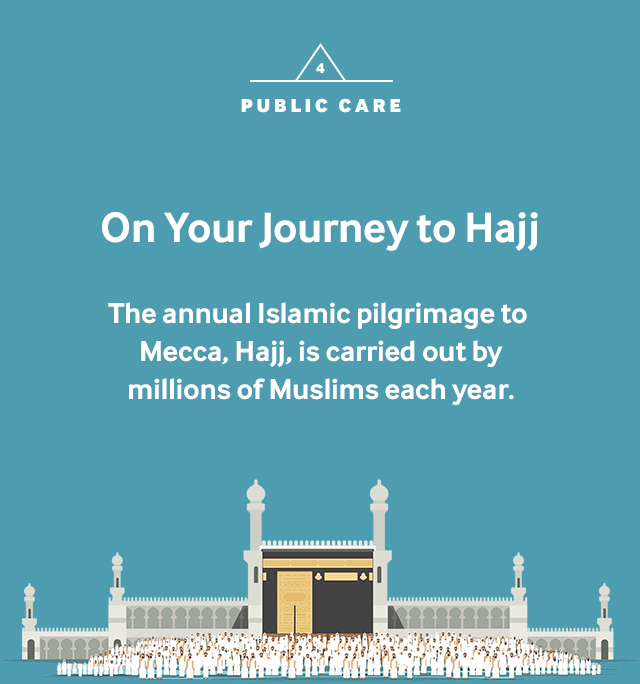 4. public care On Your Journey to Hajj The annual Islamic pilgrimage to Mecca, Hajj, is carried out by millions of Muslims each year.