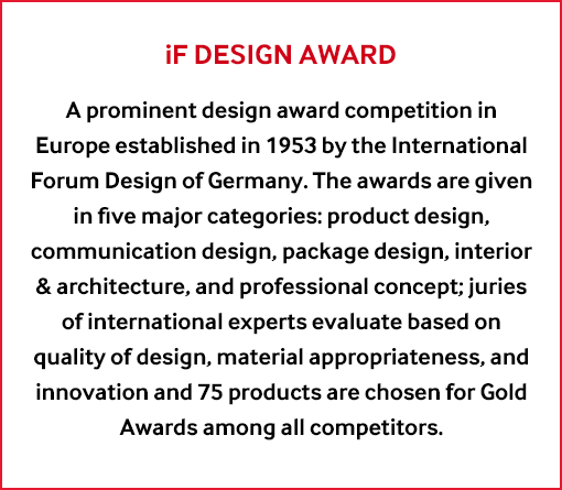 iF Award A prominent design award competition in Europe established in 1953 by the International Forum Design of Germany. The awards are given in five major categories: product design, communication design, package design, interior & architecture, and professional concept; juries of international experts evaluate based on quality of design, material appropriateness, and innovation and 75 products are chosen for Gold Awards among all competitors.