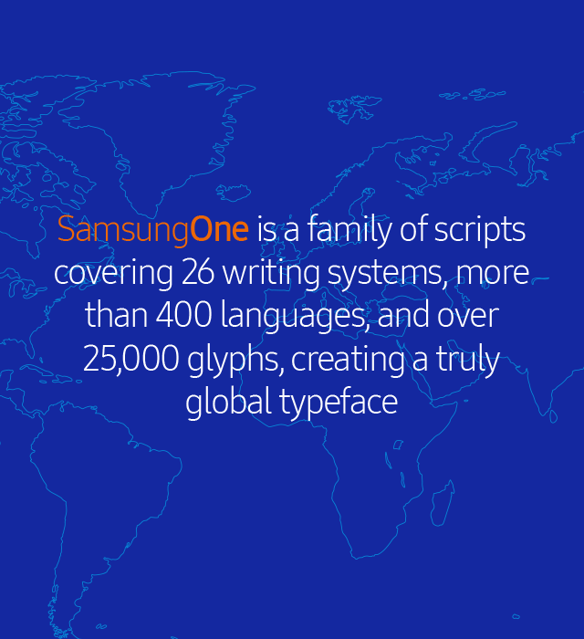 SamsungOne is a family of scripts covering 26 writing systems, more than 400 languages, and over 25,000 glyphs, creating a truly global typeface
