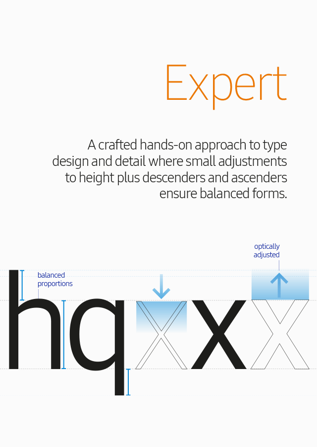 Expert Acrafted hands-on approach to type design and detail where small adjustments to height plus descenders and ascenders ensure balanced forms.