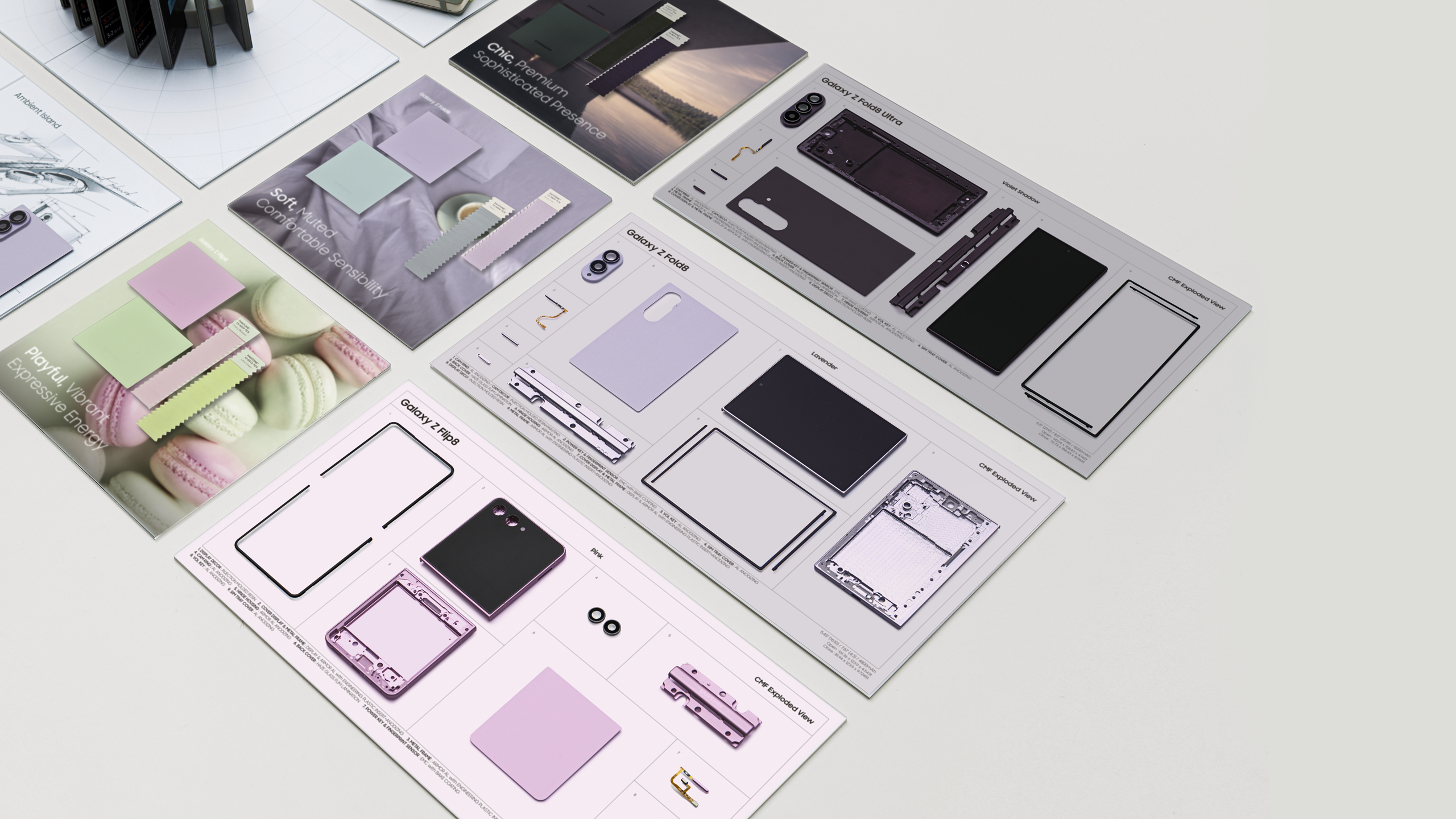 삼성 Galaxy Z Fold 제품의 디자인 개발 자료를 보여주는 이미지. 좌측에는 분홍색, 연두색, 연보라색 마카롱과 색상 팔레트가 있는 마케팅 자료들과 제품의 분홍색 모형 및 내부 구조 다이어그램이 있다. 우측에는 Galaxy Z Fold9의 기술 사양서로 검은색, 흰색, 자주색 등 다양한 색상의 디자인 옵션과 카메라, 디스플레이, 힌지 메커니즘 등 상세한 하드웨어 구성이 여러 장의 문서에 표시되어 있다.