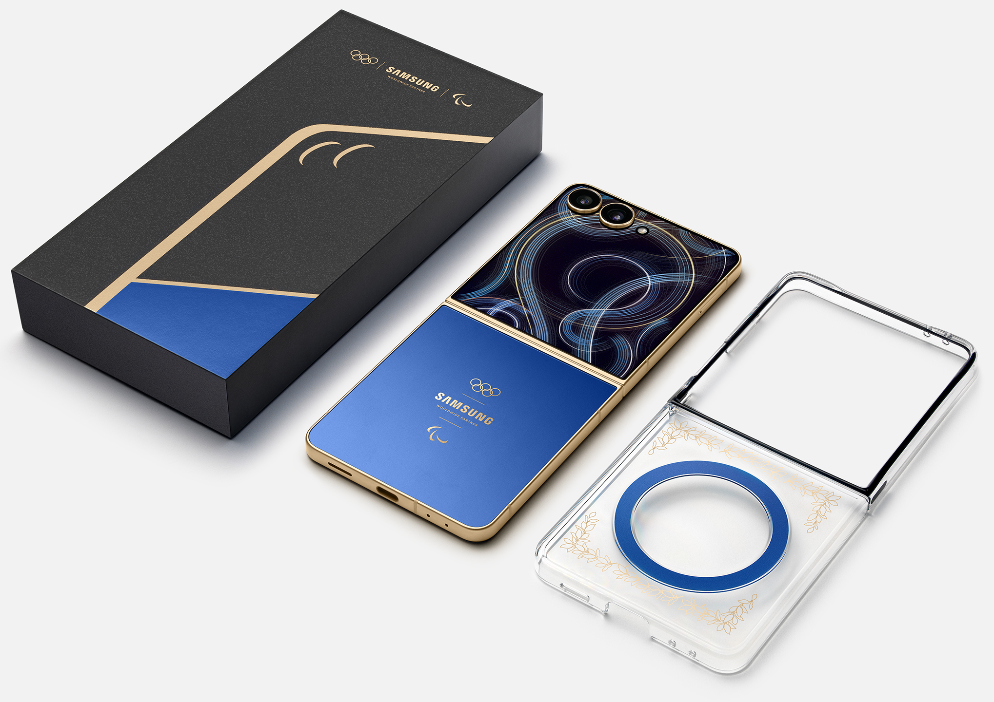 Galaxy Z Flip7 Olympic Edition Packaging, Product, and Case Image