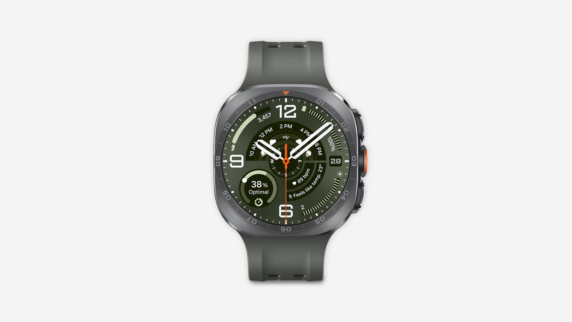 Galaxy Watch Ultra2 in Silver centered on a bright background.