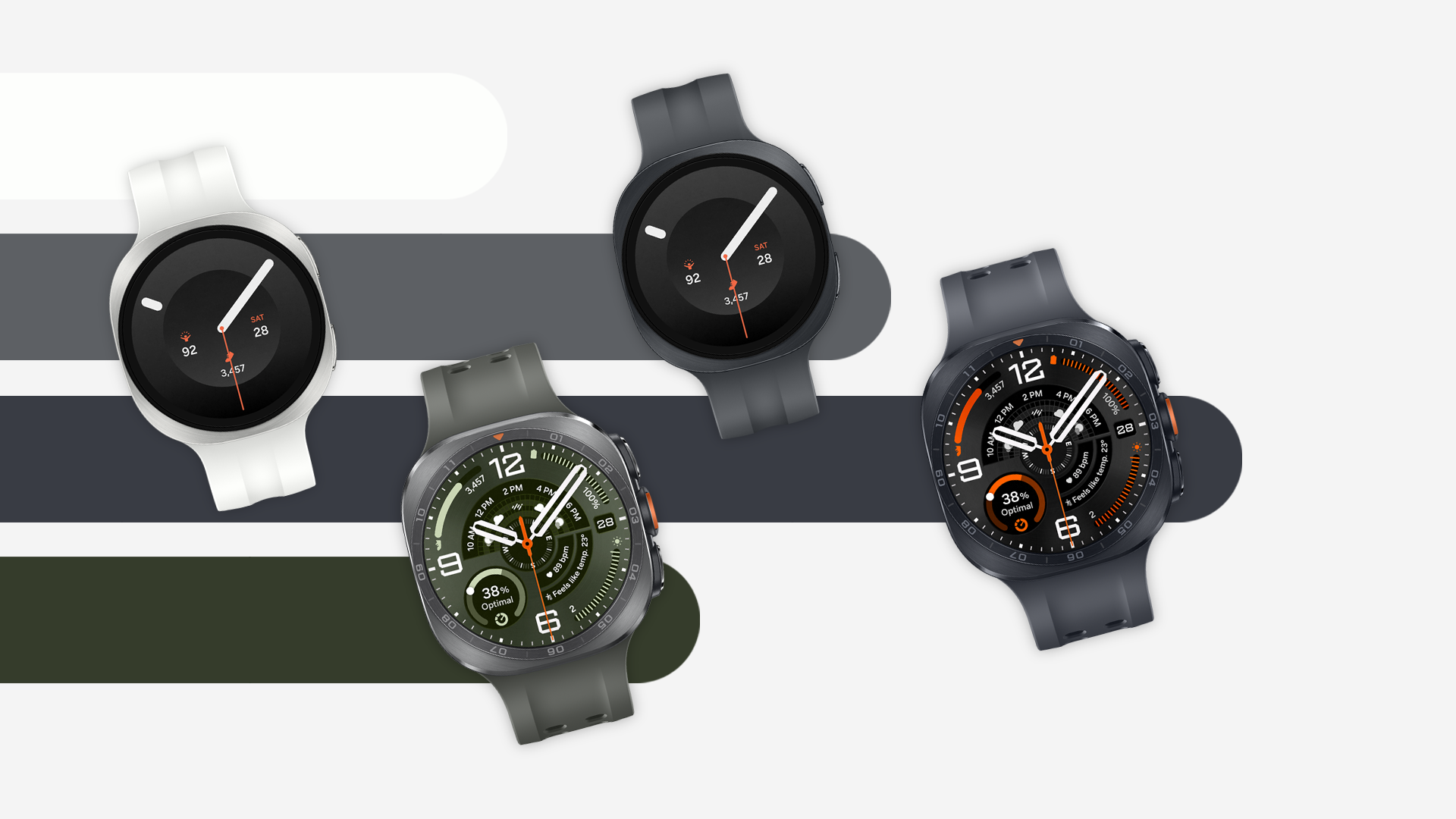 Two units of Galaxy Watch Ultra2 and two units of Galaxy Watch9 arranged in a cross formation.