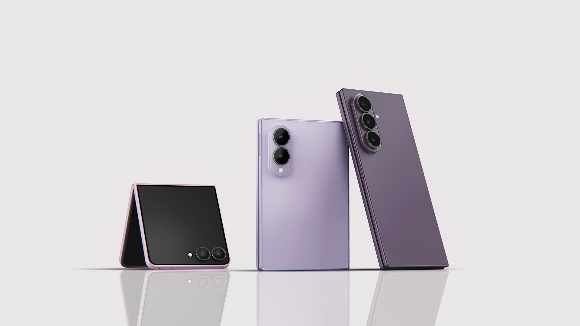From left: Galaxy Z Flip8 Pink, Galaxy Z Fold8 Lavender, and Galaxy Z Fold8 Ultra Violet Shadow arranged in order