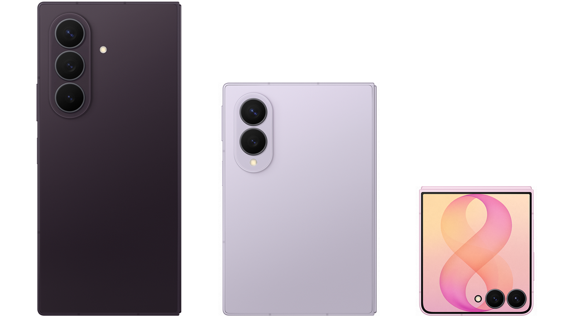Galaxy Z Fold8 Ultra Violet Shadow, Galaxy Z Fold8 Lavender, and Galaxy Z Flip8 Pink arranged side by side