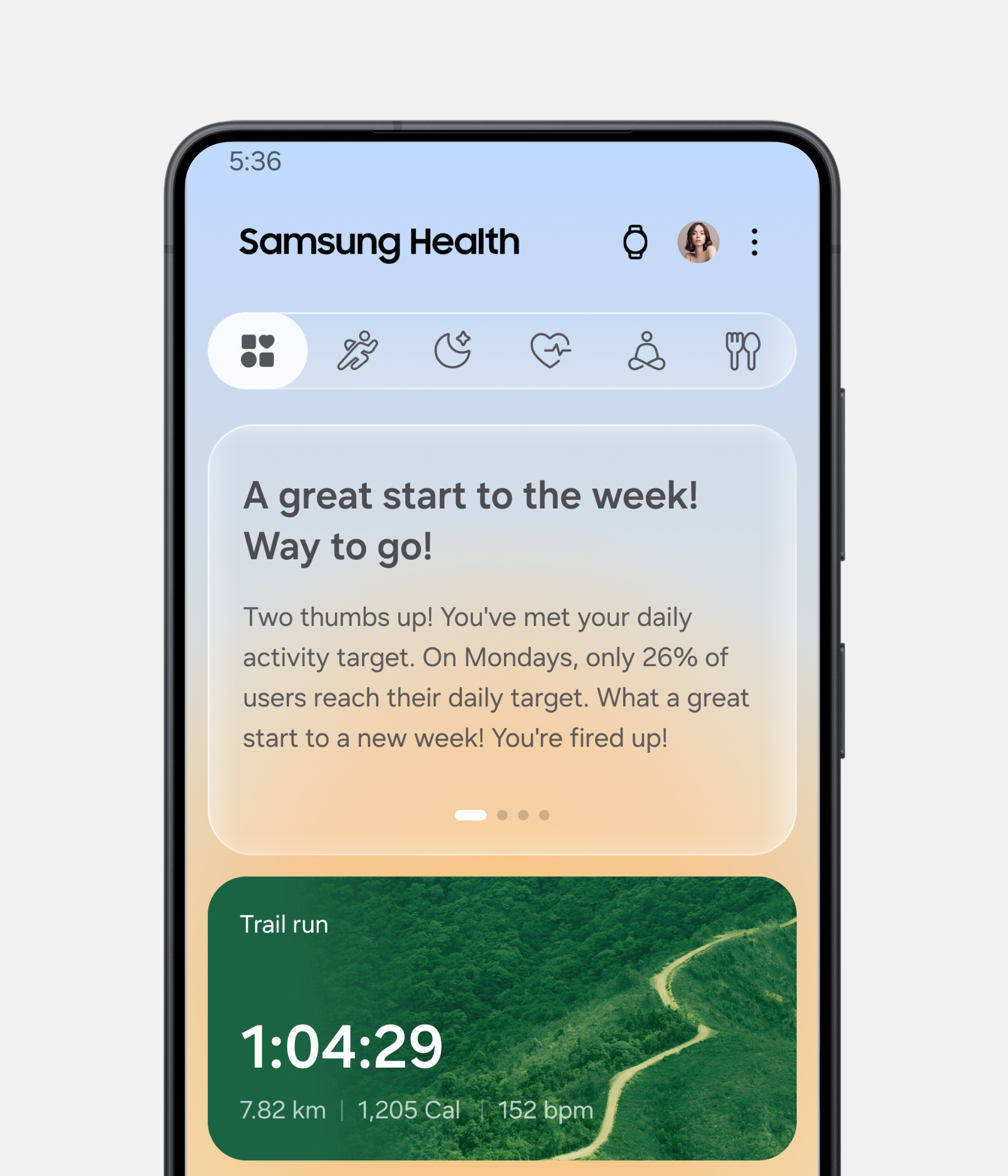 The Samsung Health app is open on a black smartphone shown vertically. Below an encouraging message about meeting the weekly activity goal, the Trail Run record shows 1 hour 4 minutes 29 seconds, 7.82 kilometers, 1,205 calories, and an average heart rate of 152 beats per minute.