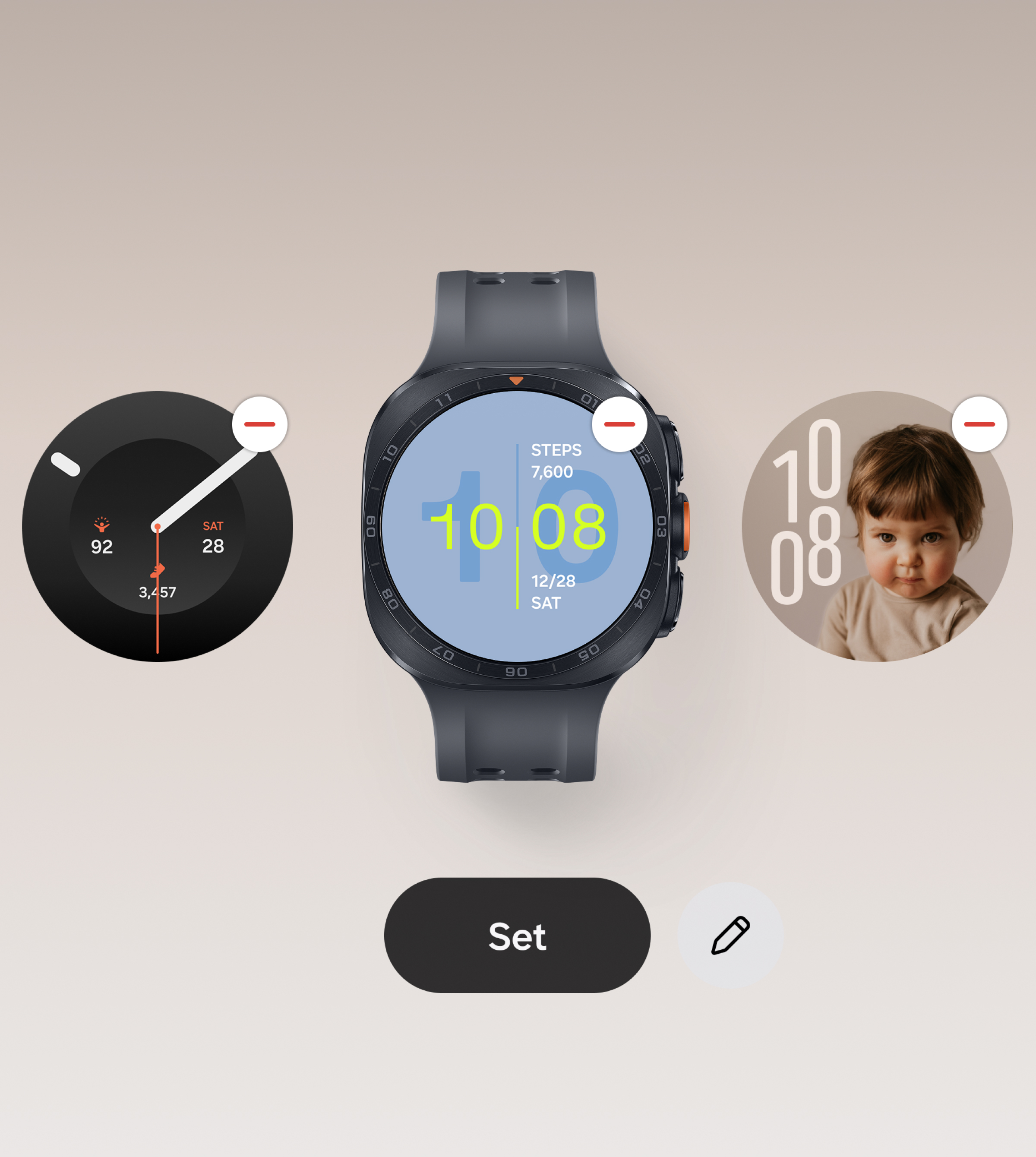 Three watch faces appear side by side in a smartphone app. The Galaxy Watch Ultra2 in the center displays 10:08 and 7,600 steps, with a “Set” button below to apply the selected face.