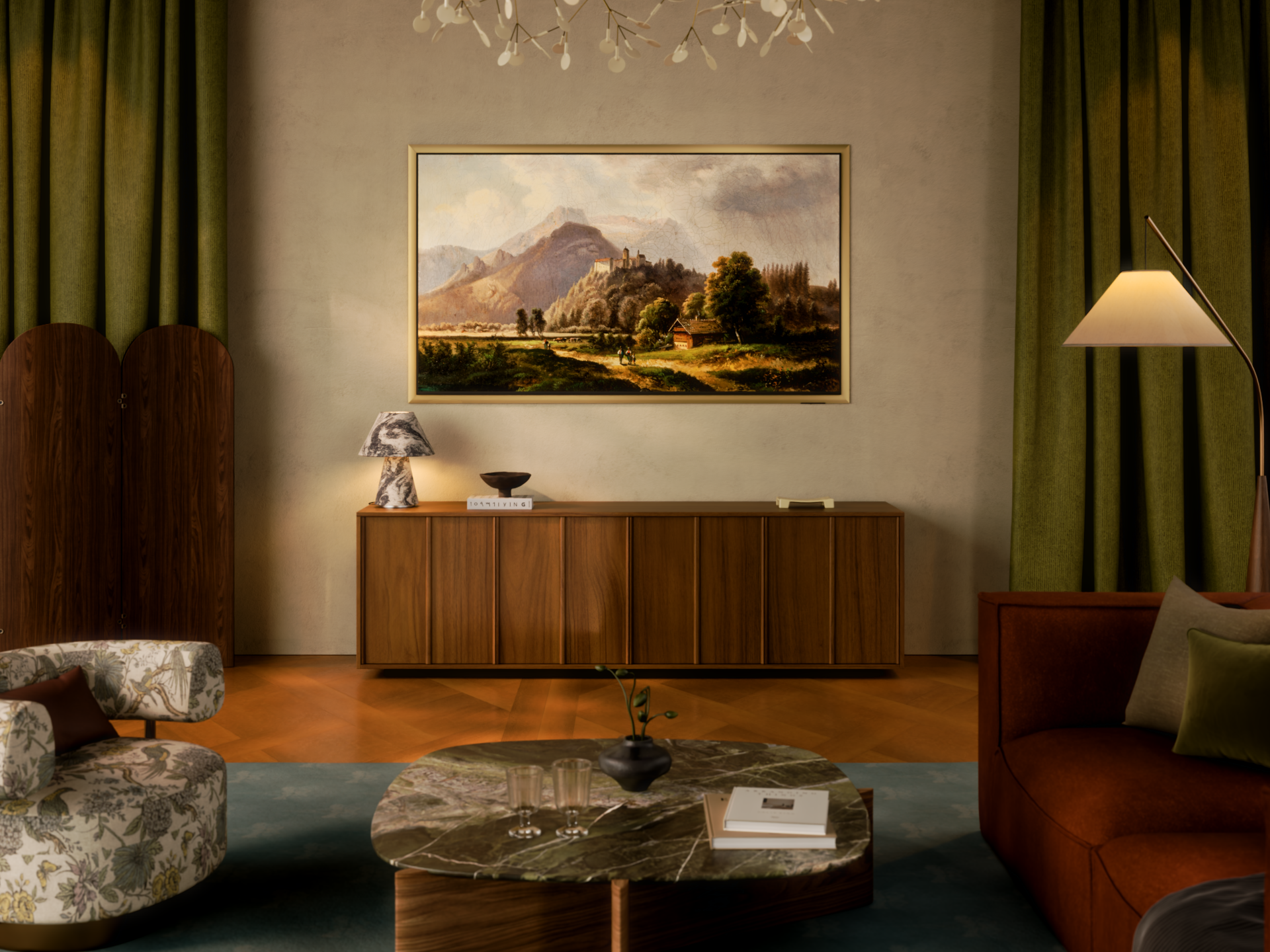S95H Gold interior showcasing classic wooden furniture, olive green curtains, and gold-framed artwork in warm wood tones.