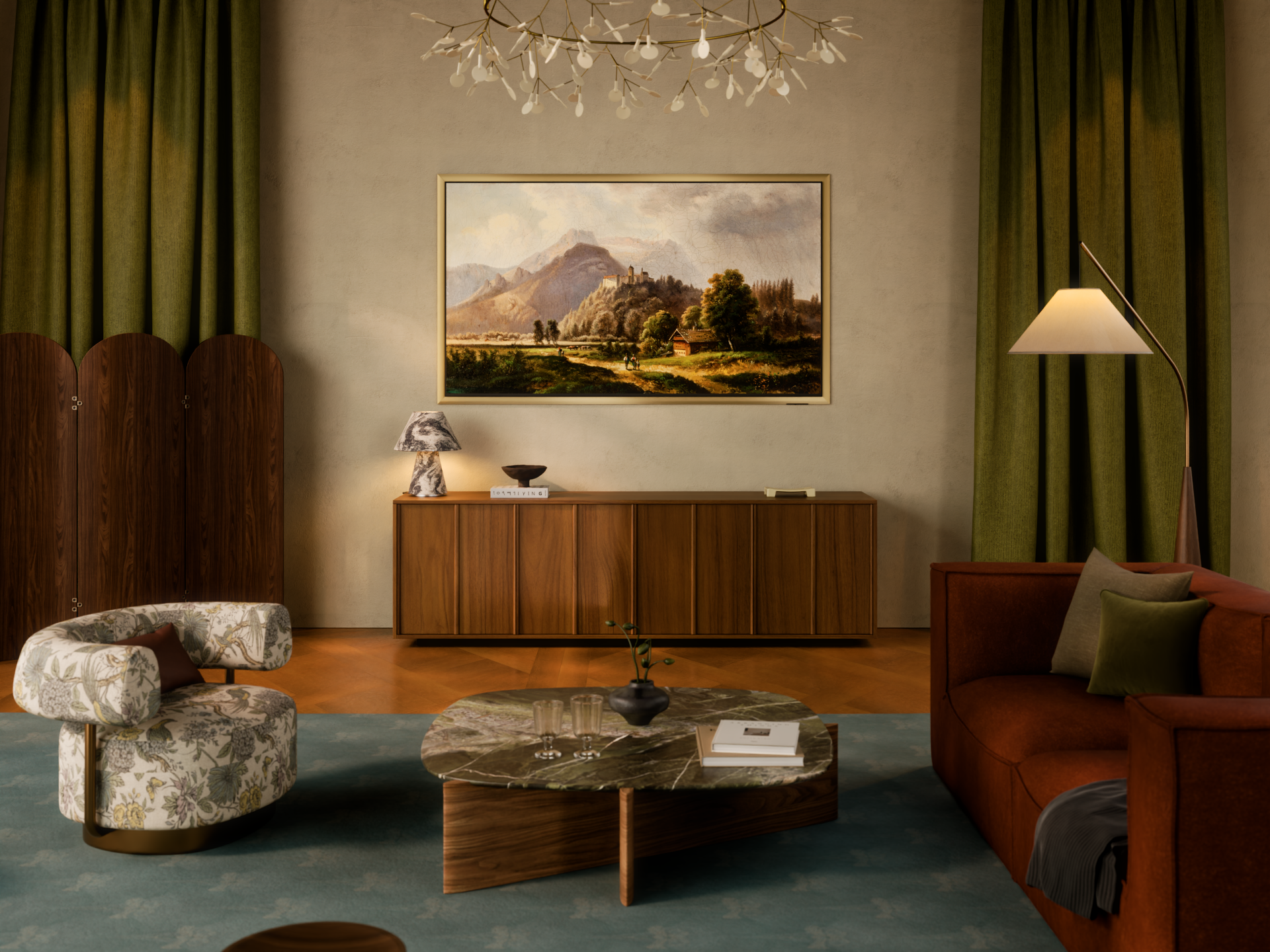 S95H Gold interior showcasing classic wooden furniture, olive green curtains, and gold-framed artwork in warm wood tones.