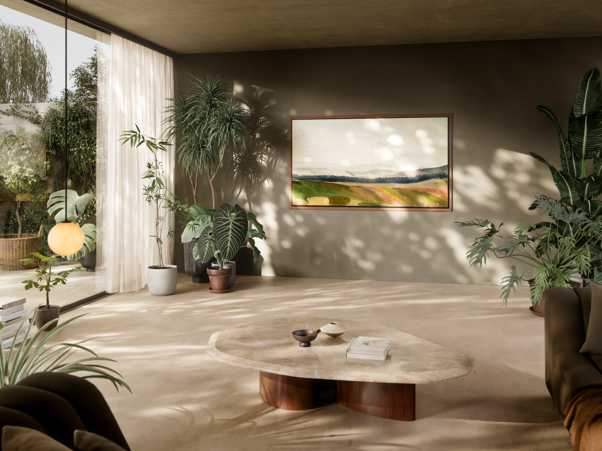 S95H Oak interior with light wood flooring, abundant greenery, and natural-toned furnishings creating an organic aesthetic.