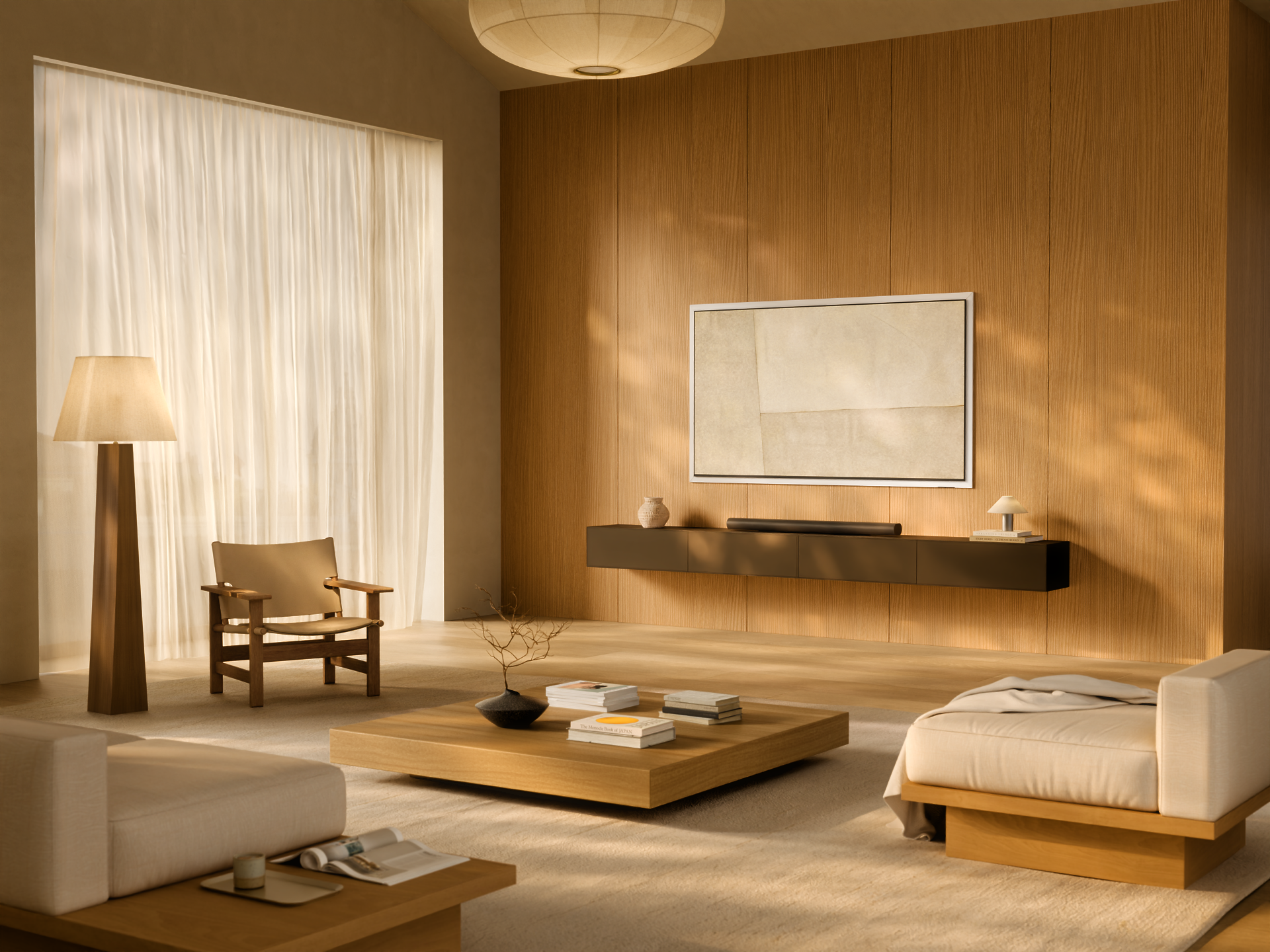 S95H White interior featuring wooden wall panels, neutral-toned furniture, and minimalist design for a refined living space.