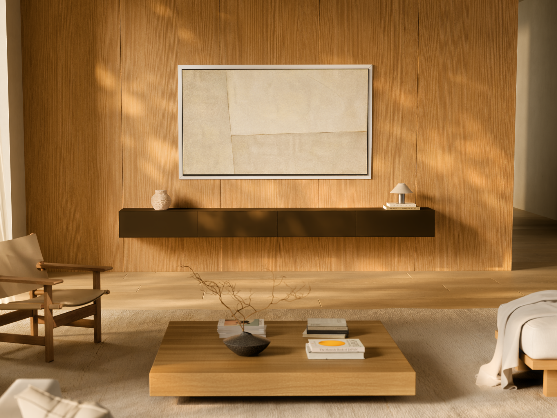S95H White interior featuring wooden wall panels, neutral-toned furniture, and minimalist design for a refined living space.