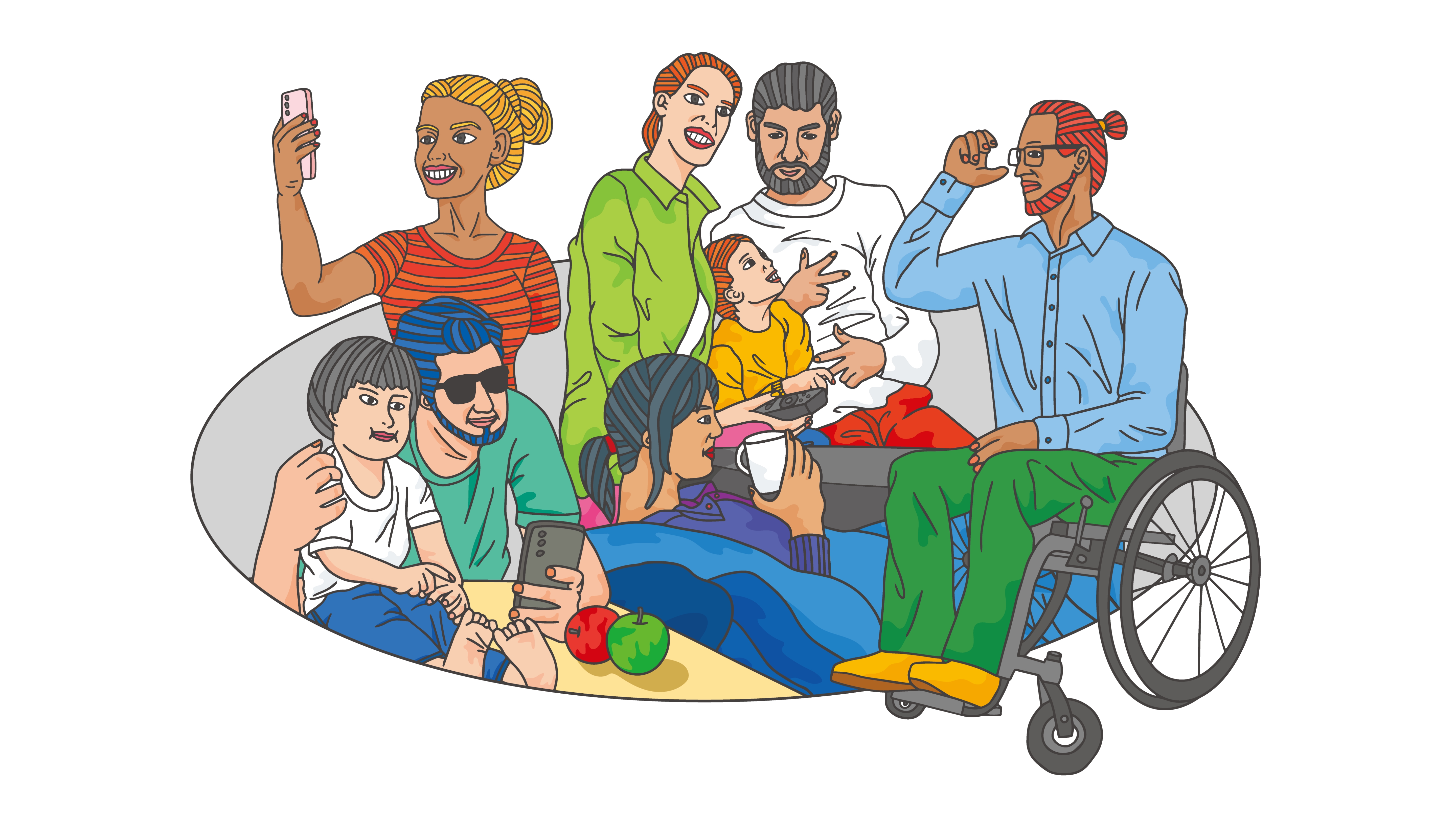 Group of people with varying abilities: woman with one arm holding a smartphone, man who is blind using a smartphone together with his son, man signing to his daughter with his wife holding a remote control beside them, woman lying in bed drinking from a mug, and man in a wheelchair adjusting his glasses.
