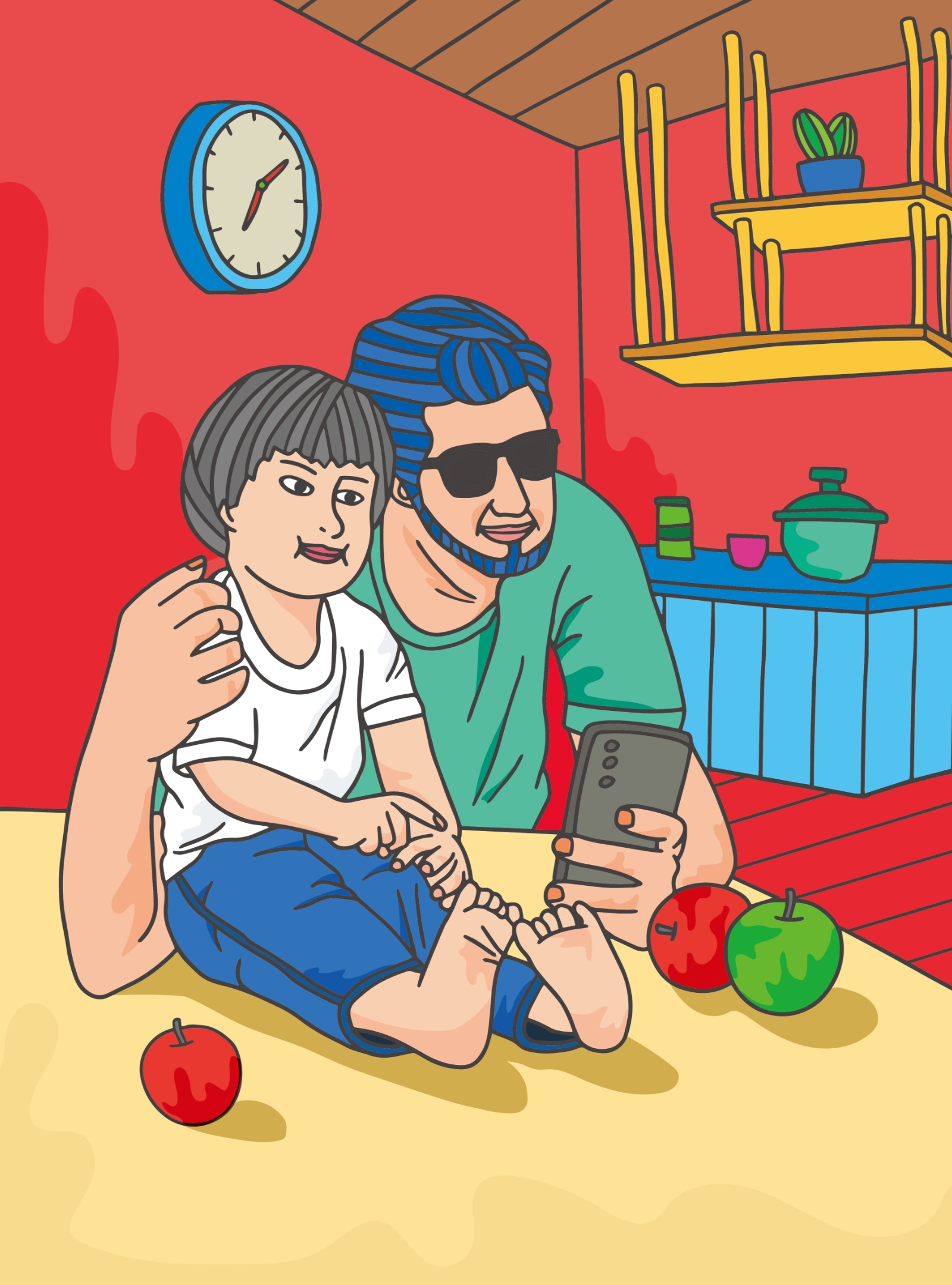 This is an illustration of an image in which visually impaired parents use Bixby Vision Accessibility to voice what their child is curious about. 