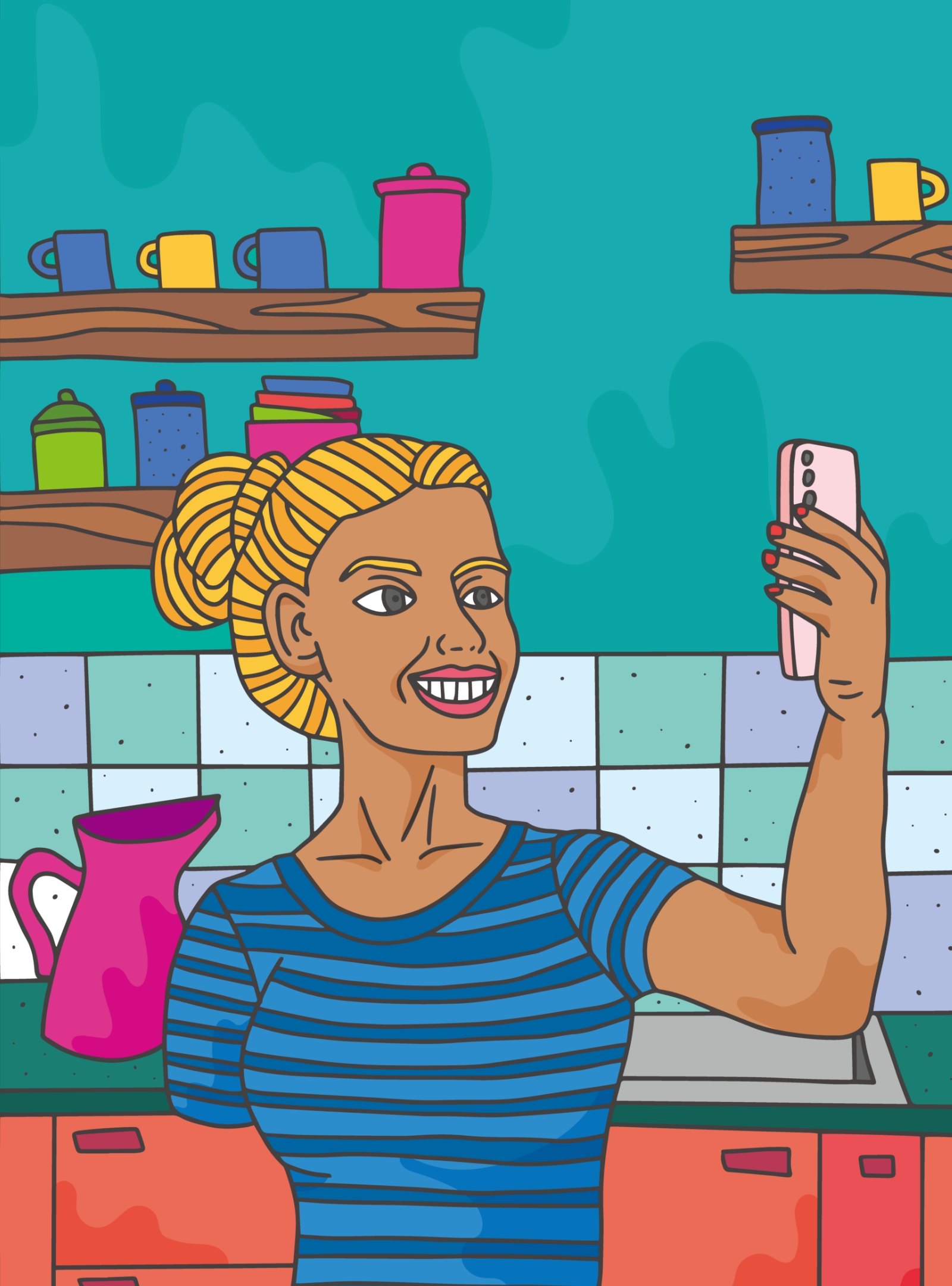 Woman with one arm holds up a Galaxy smartphone, so she can use Assistant menu to take a selfie in the kitchen.
