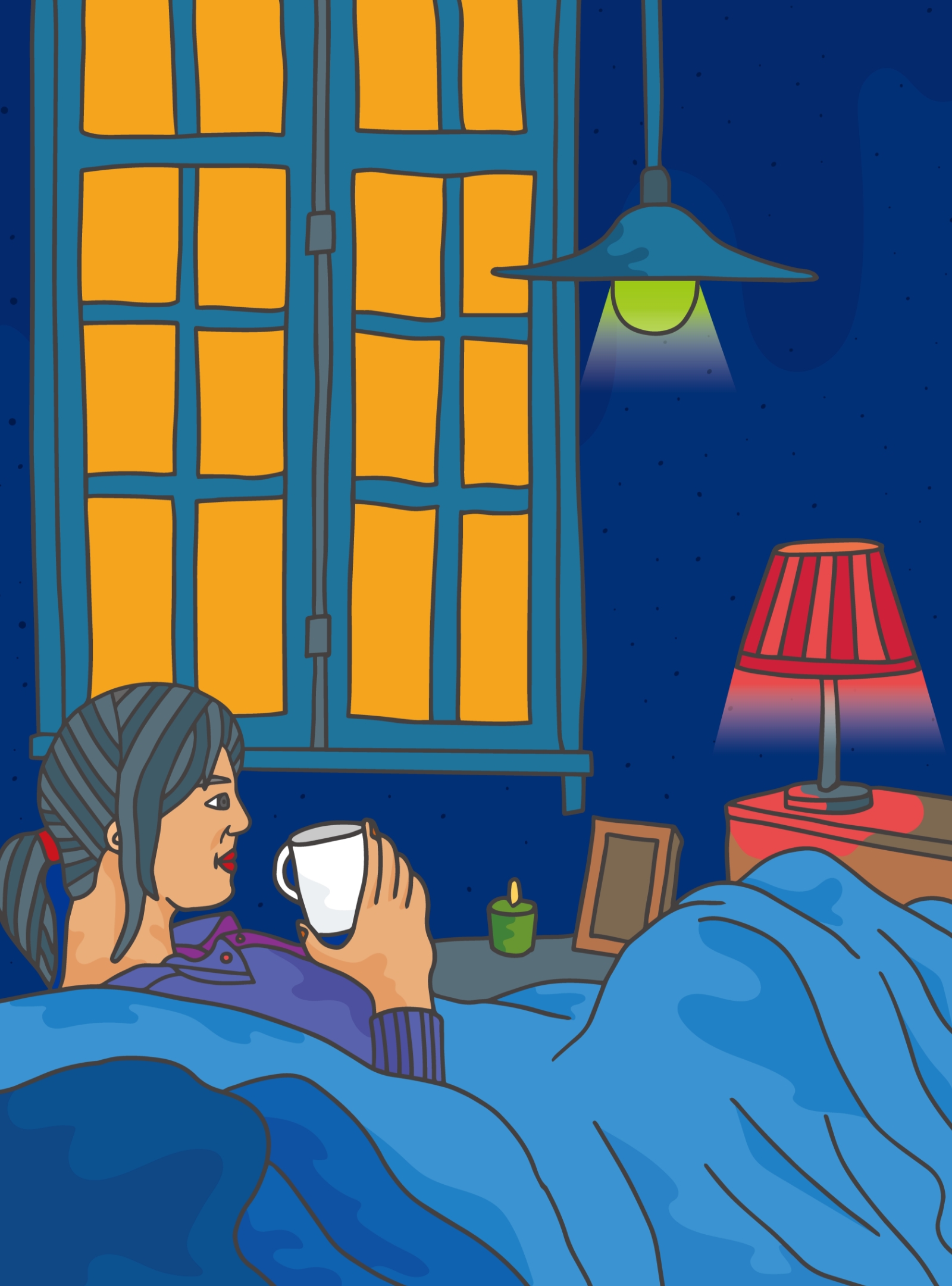Woman who is hard of hearing lies in bed in a dark room, drinking from a mug. The light from her lamp is red, showing she can be visually alerted to sounds using SmartThings.