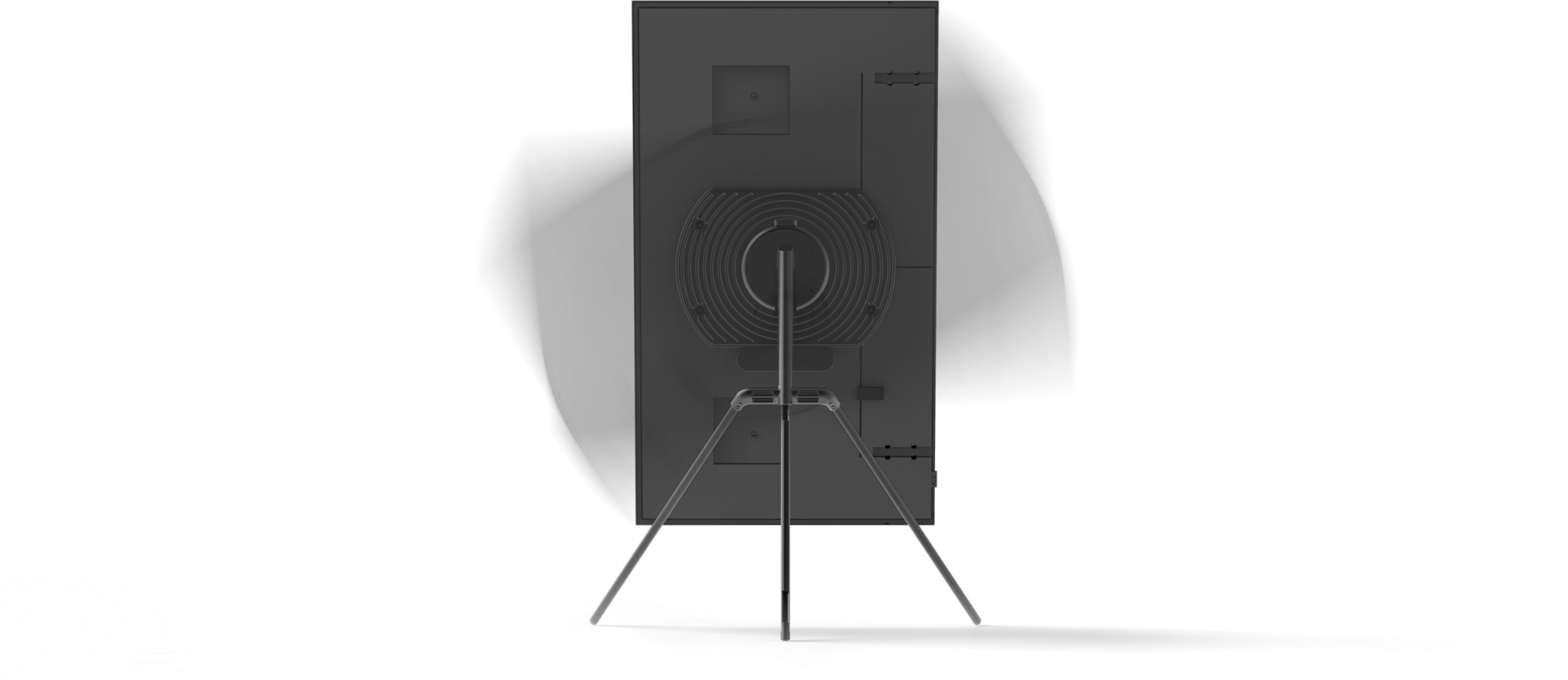 This image shows the rear view of a TV rotated vertically using the Samsung the Auto Rotation Accessory.
