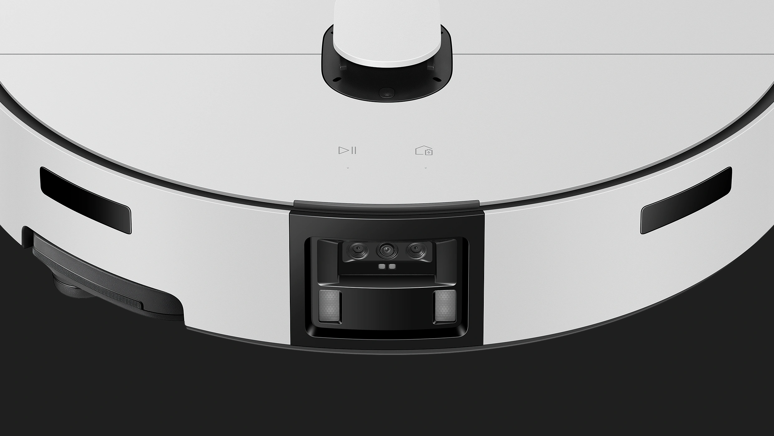 Top view of the robot vacuum showing the LiDAR sensor and control buttons