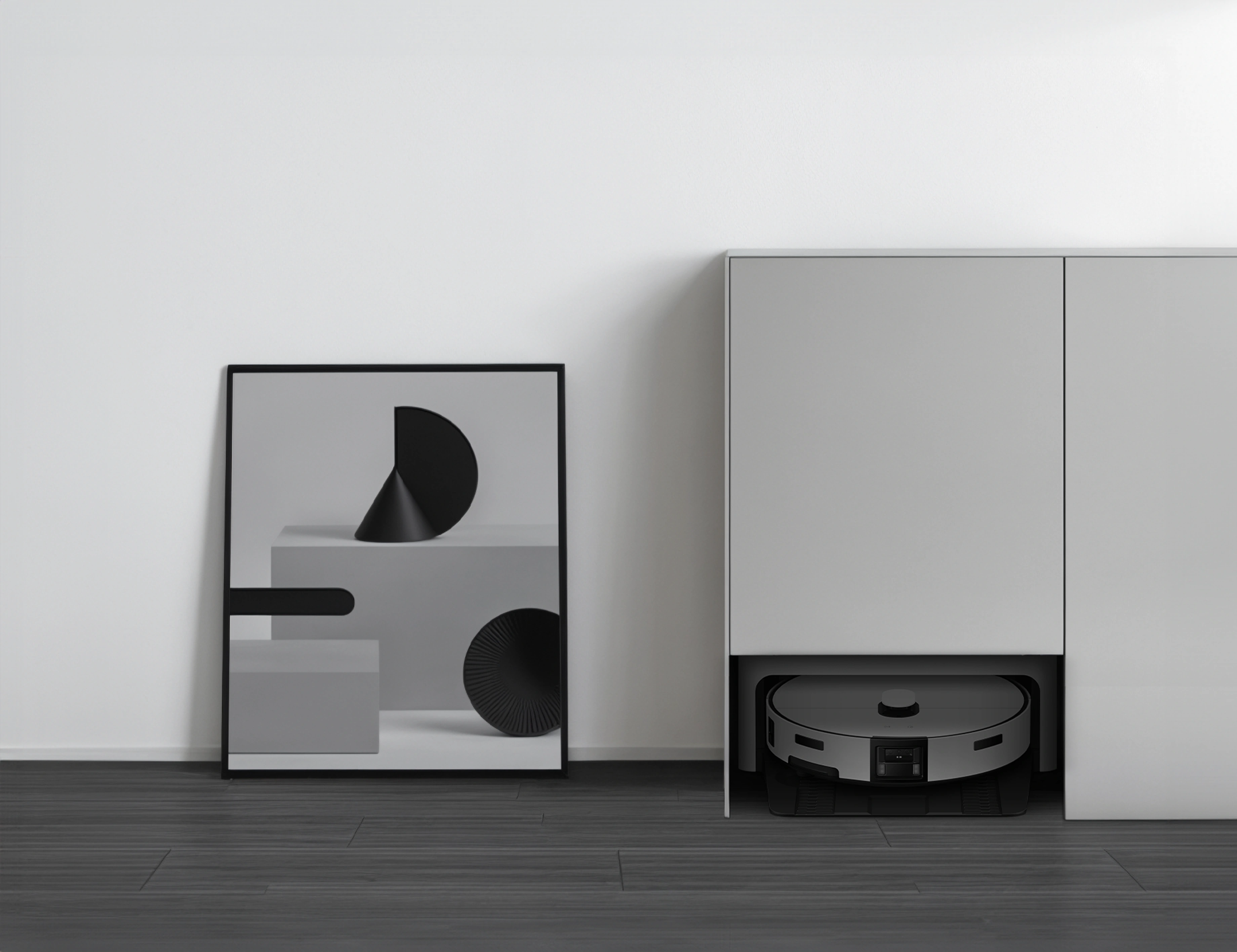 Bespoke AI Steam Ultra station and framed artwork naturally blending into a gray-toned minimal interior.