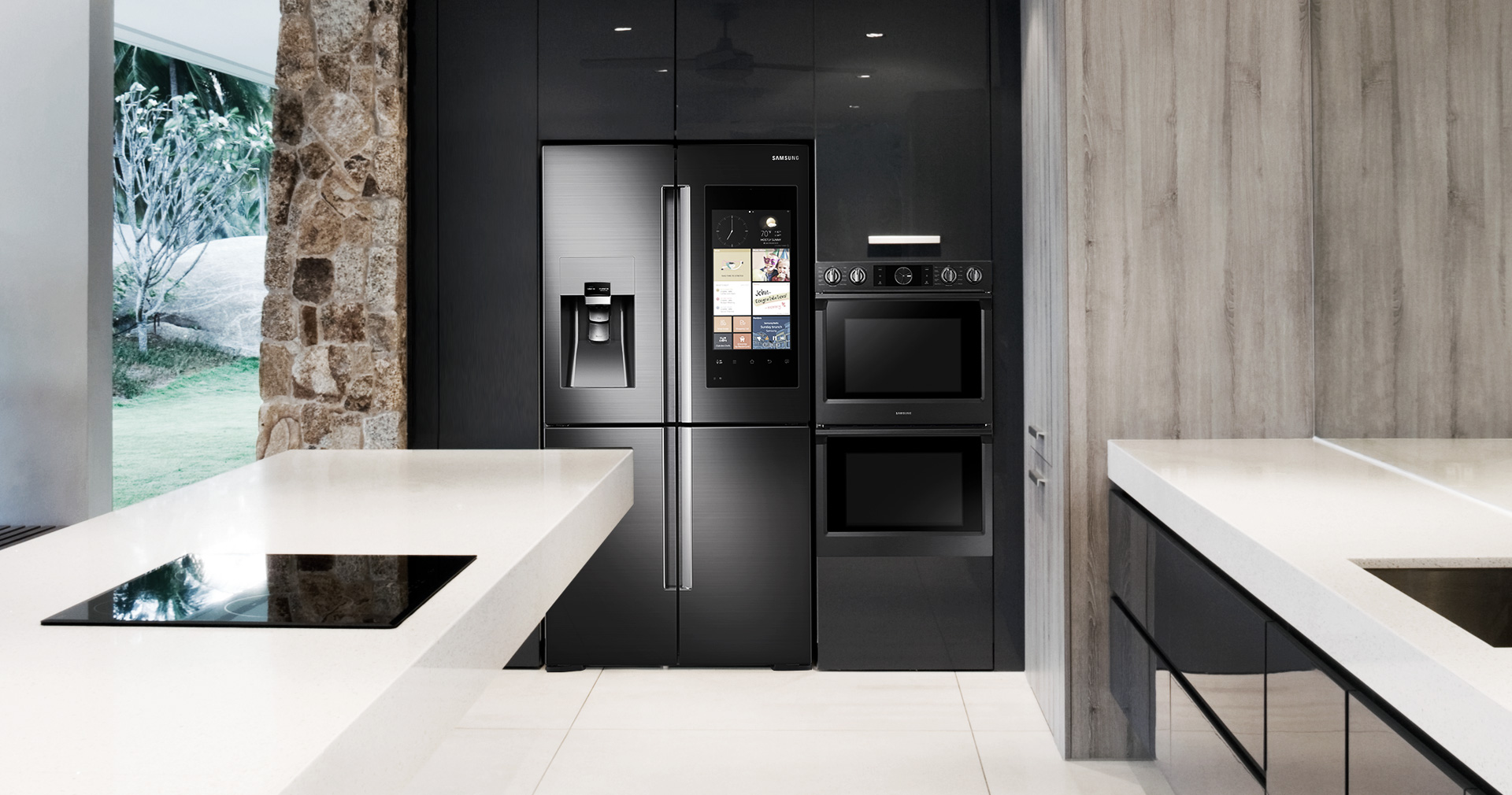 An image shows a kitchen interior with a Samsung refrigerator and oven.