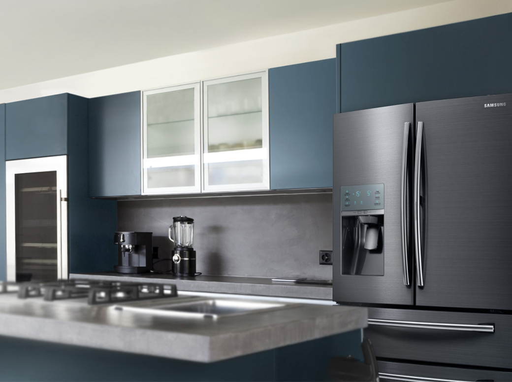 An image shows the Samsung’s Free Standing Package refrigerator in a kitchen interior.