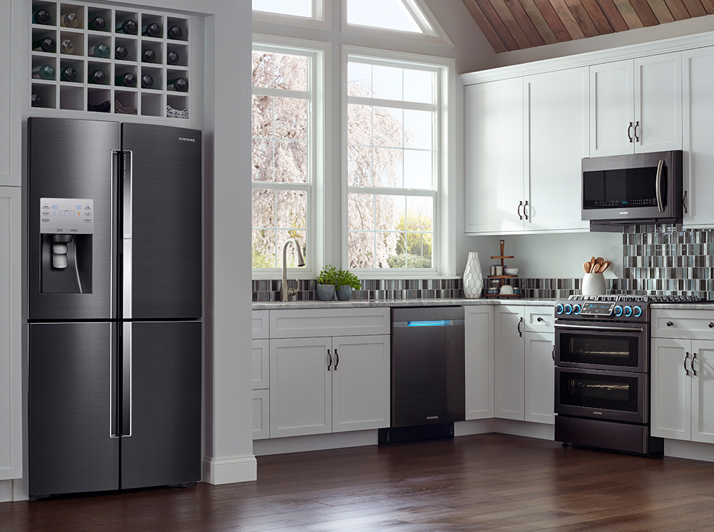 An image shows Samsung Free Standing Package models placed in a kitchen interior.