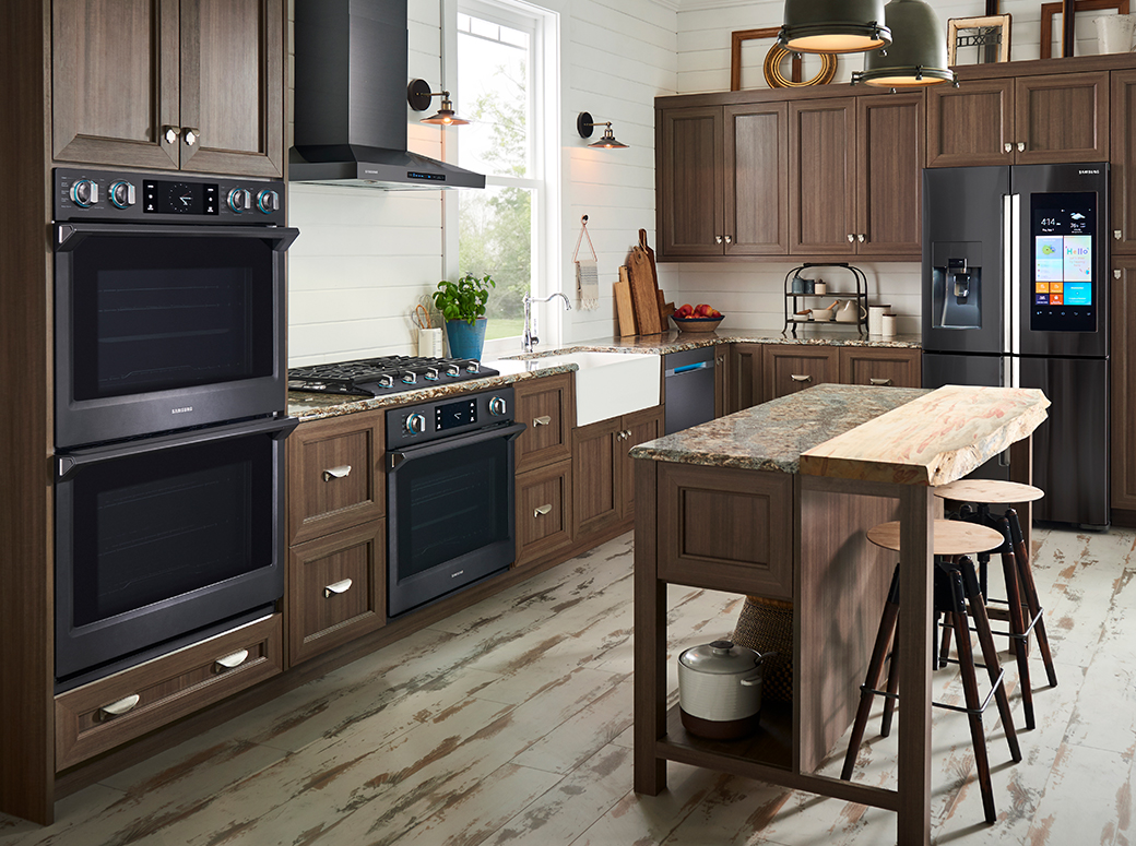 An image shows Samsung Free Standing Package models placed in a kitchen interior.