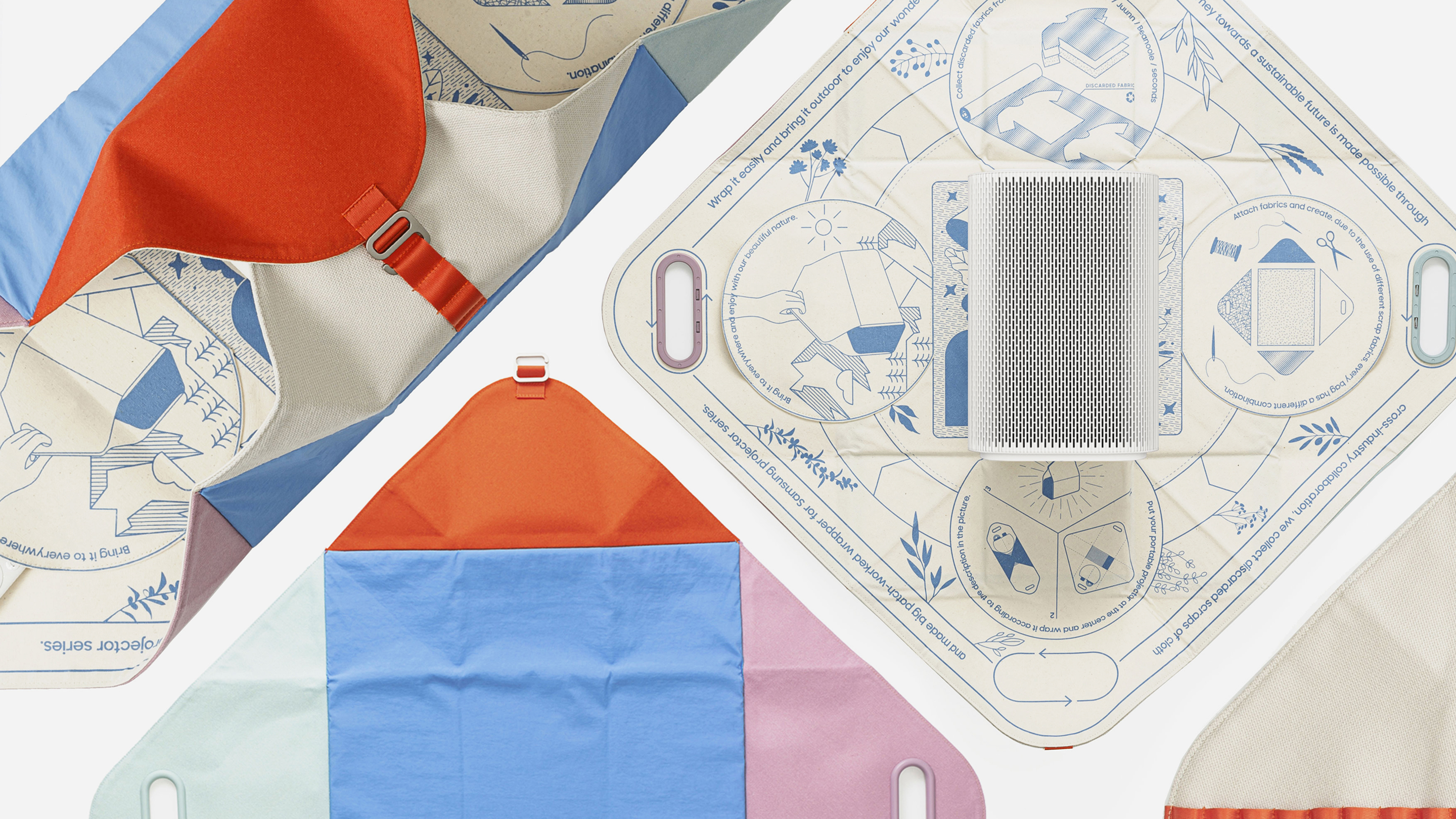 Image of bojagi in various forms. The Premiere 5 product placed on the front side with an illustration, set against the back side composed of five differently colored fabric panels. A styled shot with a ring attachment.