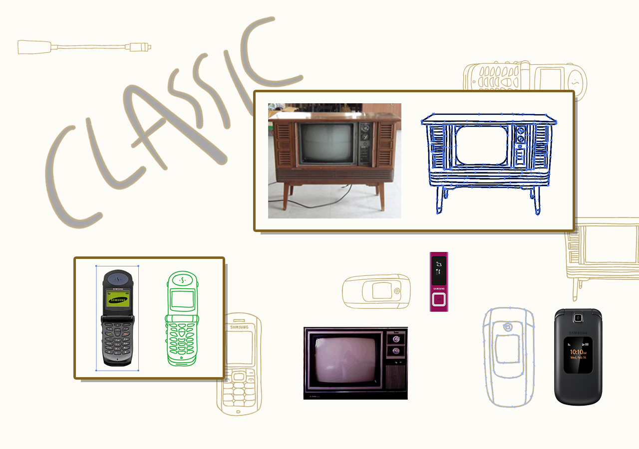 A photo of Samsung’s previous TV model and an illustrated sketch of it. / A photo of Samsung’s previous mobile phone model and an illustrated sketch of it.