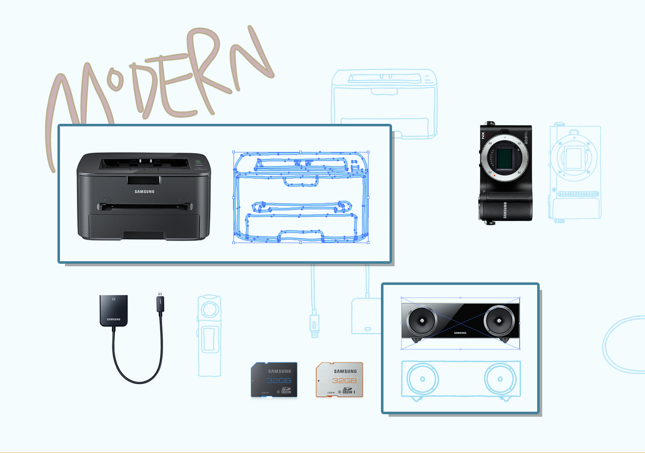 A photo of Samsung’s latest printer model and a illustrated sketch of it. / A photo of Samsung’s latest speaker model and a illustrated sketch of it.