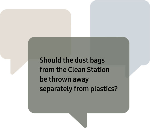 A series of bubbles with questions will appear. First, “Are air purifier filters considered regular trash ?” Second, “Should the dust bags from the Clean Station be thrown away separately from plastics?”. Third, “How should I dispose of a water purifier filter  after replacing it?”.