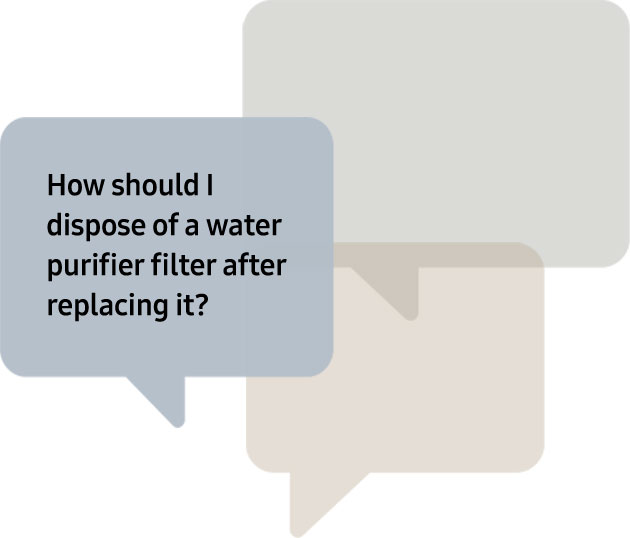 A series of bubbles with questions will appear. First, “Are air purifier filters considered regular trash ?” Second, “Should the dust bags from the Clean Station be thrown away separately from plastics?”. Third, “How should I dispose of a water purifier filter  after replacing it?”.