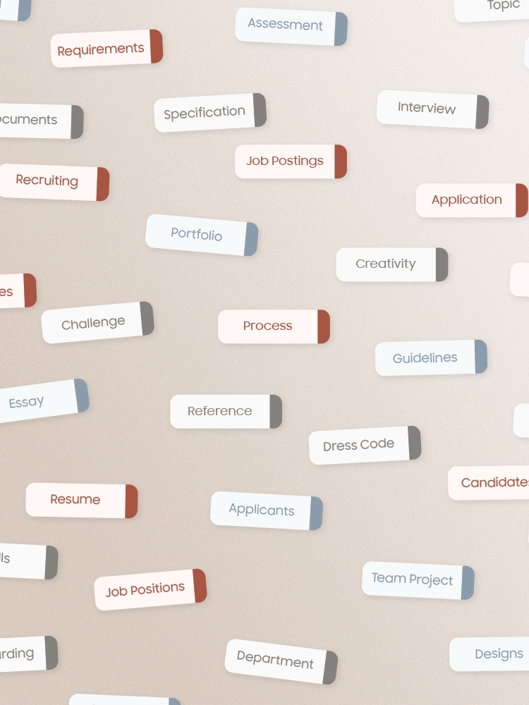 This is a scattered representation of the various words in the index. It consists of words related to employment and recruitment. Some of the key words you'll see are “Resume,” “Job Postings,” “Requirements,” “Interview,” “Portfolio,” “Application,” “Experiences,” “Onboarding,” “Competency,” “Team Project,” and more.