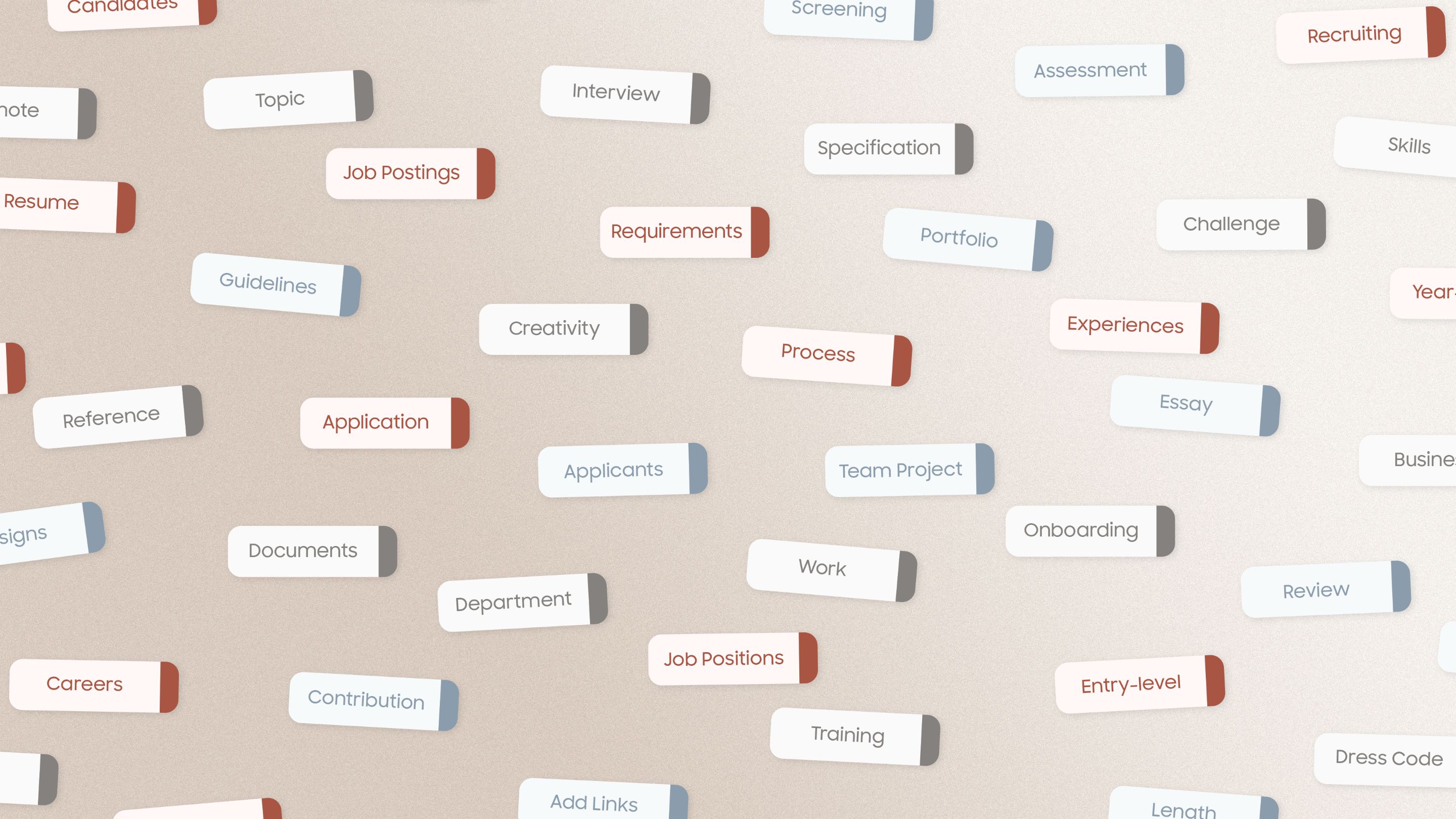 This is a scattered representation of the various words in the index. It consists of words related to employment and recruitment. Some of the key words you'll see are “Resume,” “Job Postings,” “Requirements,” “Interview,” “Portfolio,” “Application,” “Experiences,” “Onboarding,” “Competency,” “Team Project,” and more.