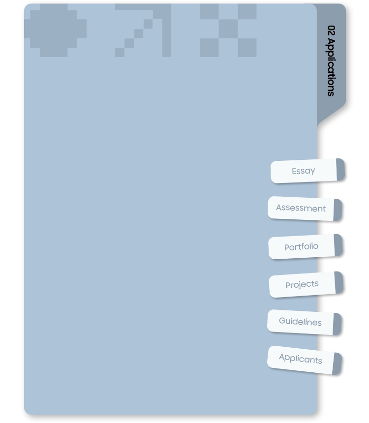 This is an image of a light blue folder with a number ball and the title Applications. On the right side of the folder, an index with words is listed in a series. In order, they are Essay, Assessment, Projects, Guidelines, Competency.