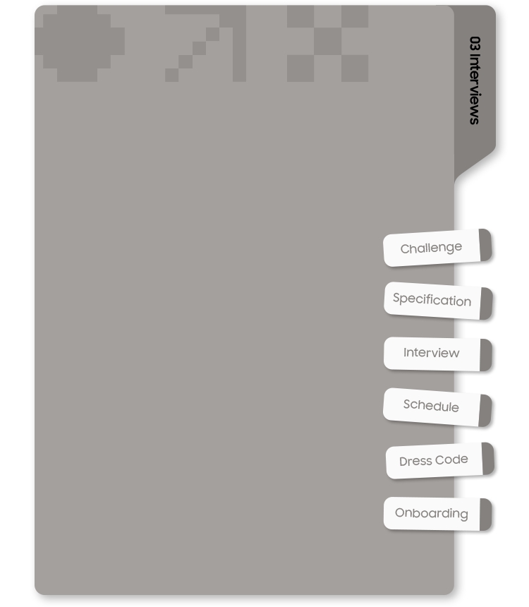 This is an image of a gray folder titled Number Balls, Three and Interviews. On the right side of the folder is a series of indexes labeled with English words. In order, they are: Practical tests, specification, interviews, scheduling, dress code, and onboarding.