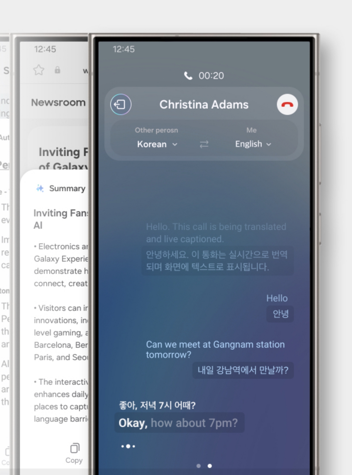 An illustration of It's smartphone screen shows a call interface with real-time interpretation in action. The person on the other end of the call is named Christian Adams. The language is Korean and you are speaking English. The real-time translated conversation is displayed as text on the screen.