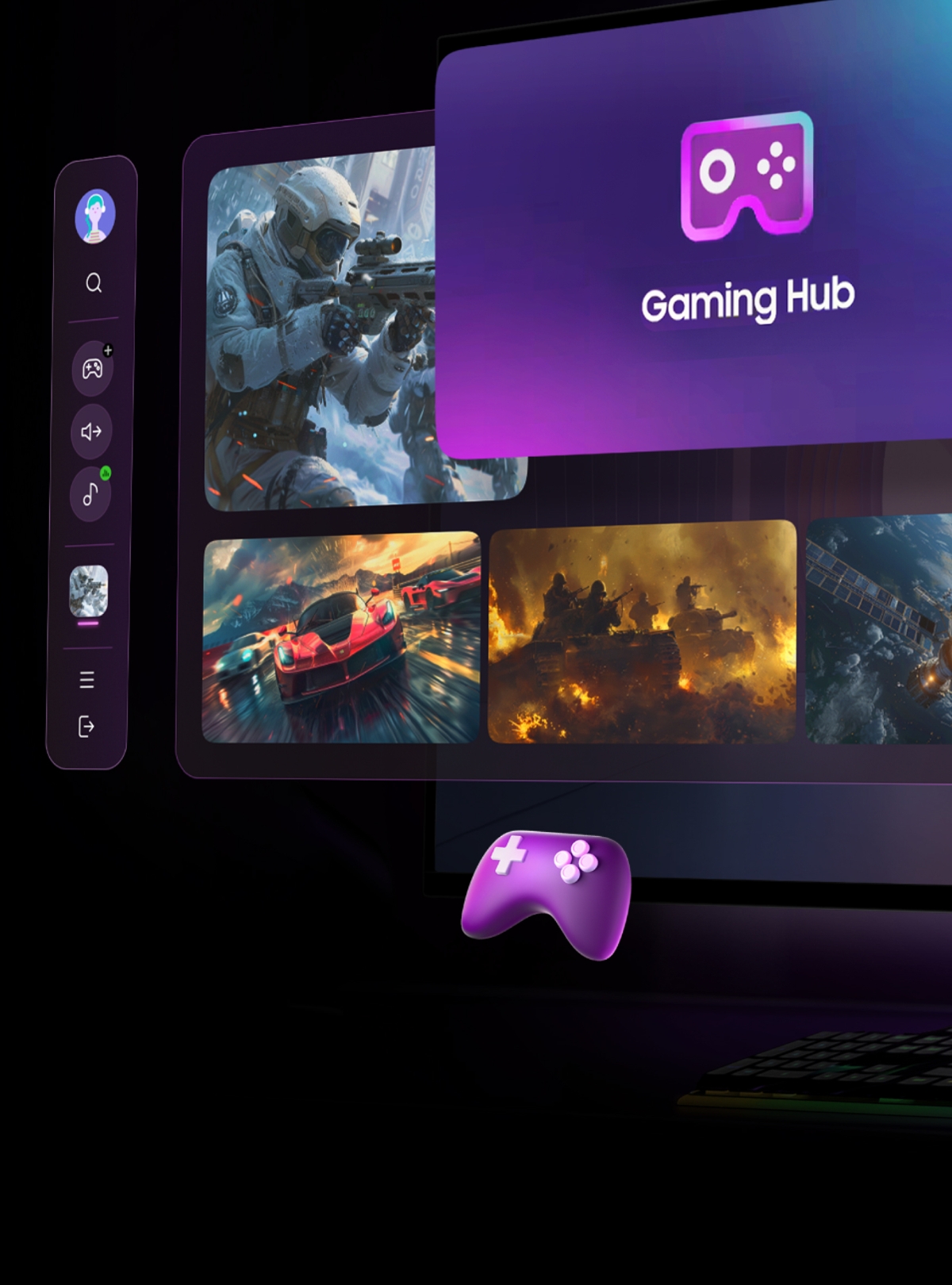 An image of the interface where you can select content, with a front cover featuring a gaming machine icon in the upper right corner that says Gaming Hub.