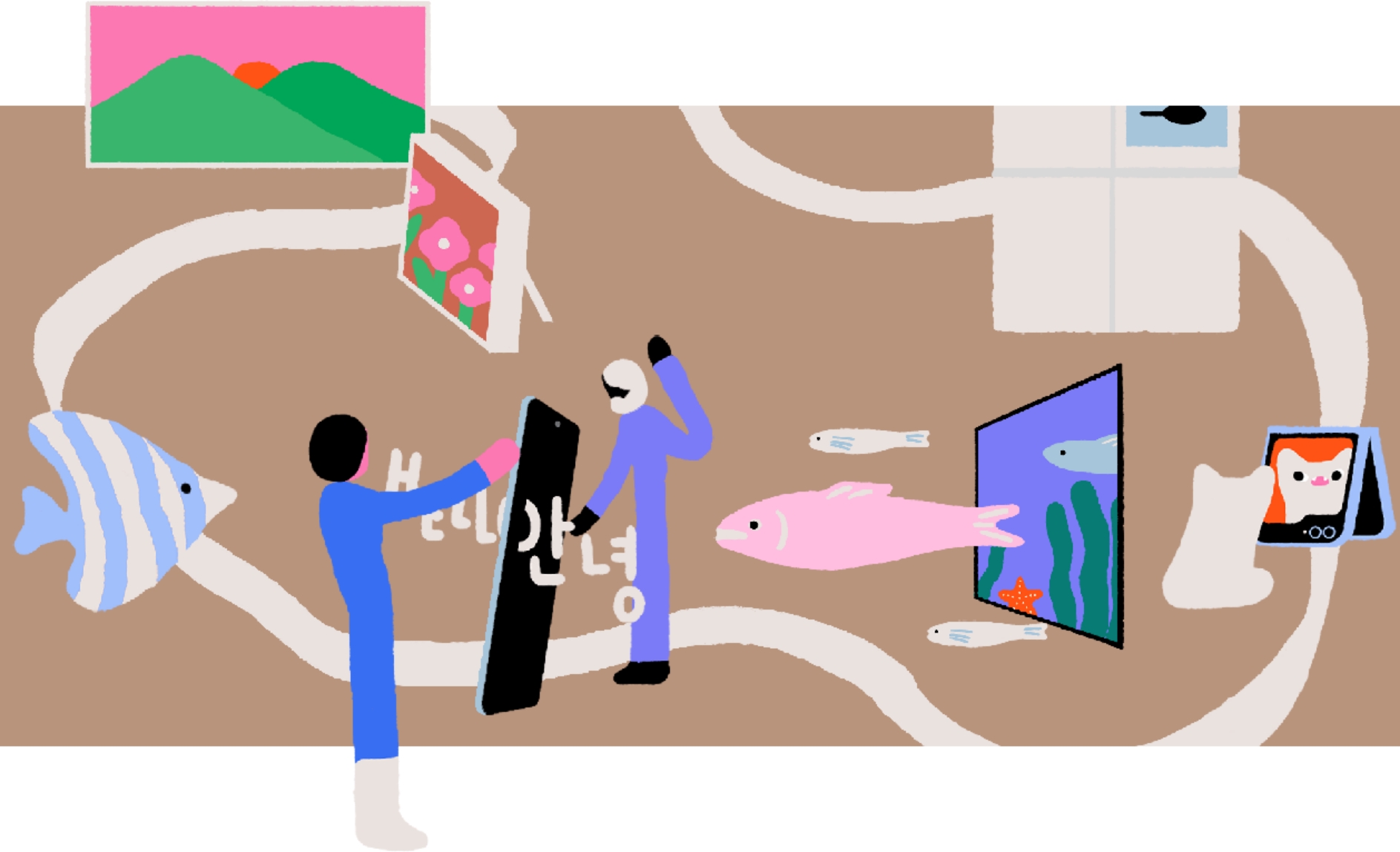 An illustration featuring various elements: people greeting each other with a smartphone between them, a fish leaping out of a monitor, a cat looking at its reflection on the front screen of the Galaxy Z Flip, a Music Frame holding an image of a flower, a TV monitor displaying a mountain image, and a Family Hub refrigerator. All these elements are unified by a white band encircling them.