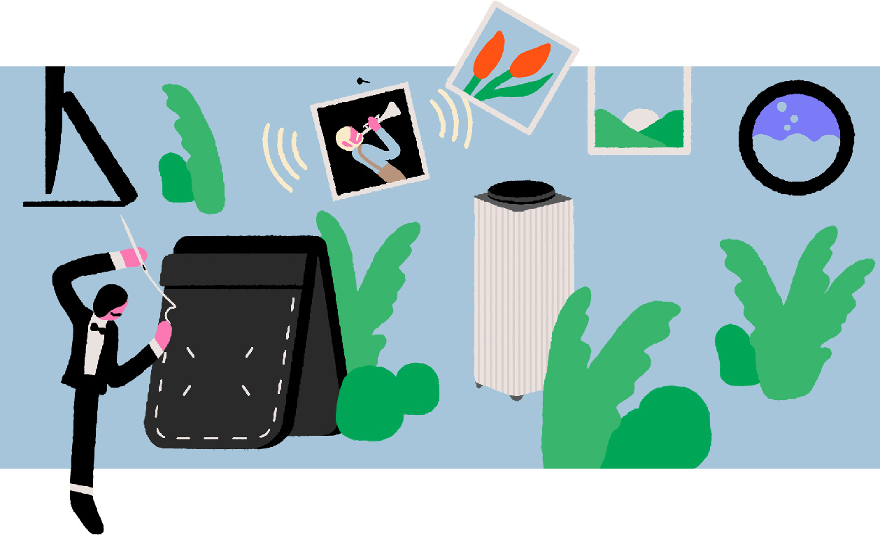 The illustration combines images of the Galaxy Jet Flip, an air purifier, a laundry icon, a speaker playing music, and the thin bottom of a monitor with blue plants. And a Person on the left is sewing on a flip case.