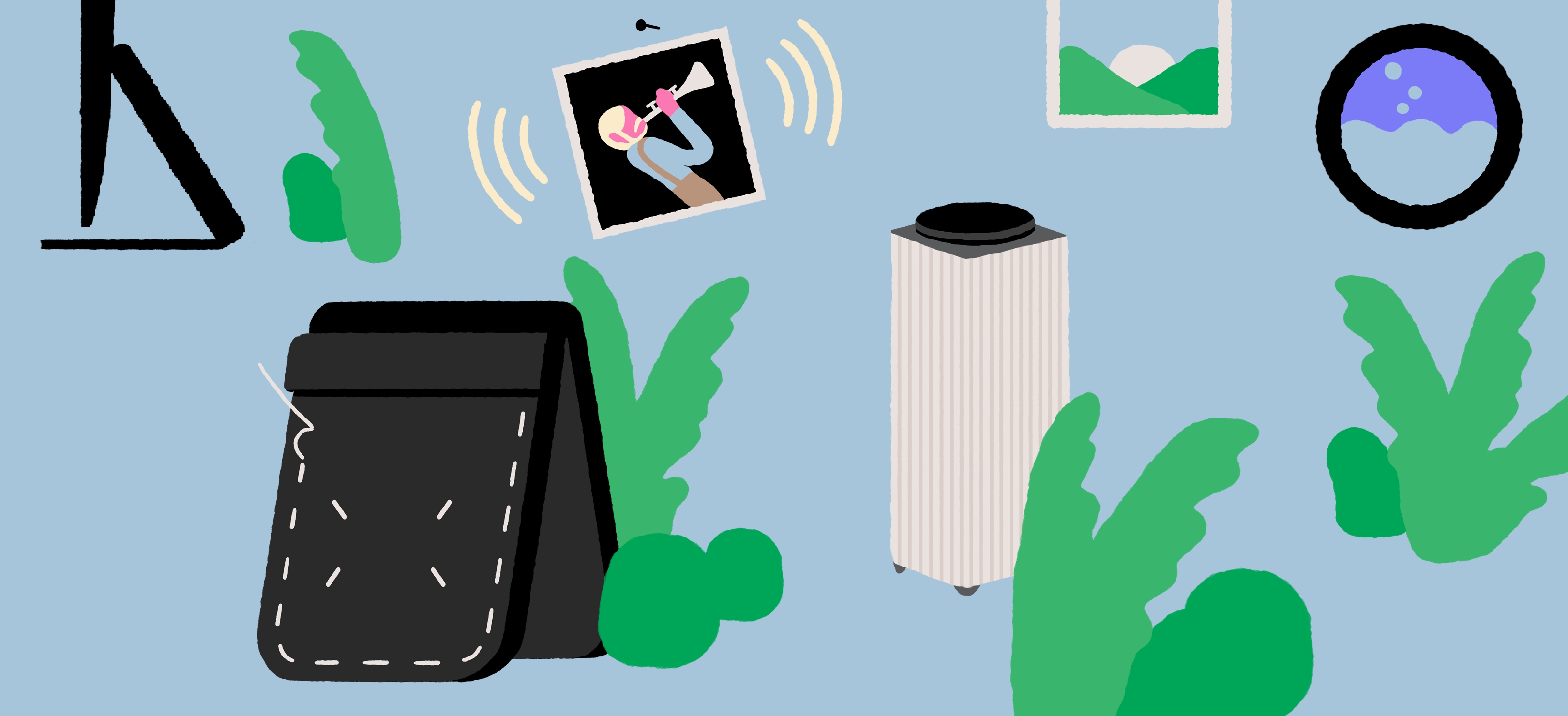 The illustration combines images of the Galaxy Jet Flip, an air purifier, a laundry icon, a speaker playing music, and the thin bottom of a monitor with blue plants. And a Person on the left is sewing on a flip case.