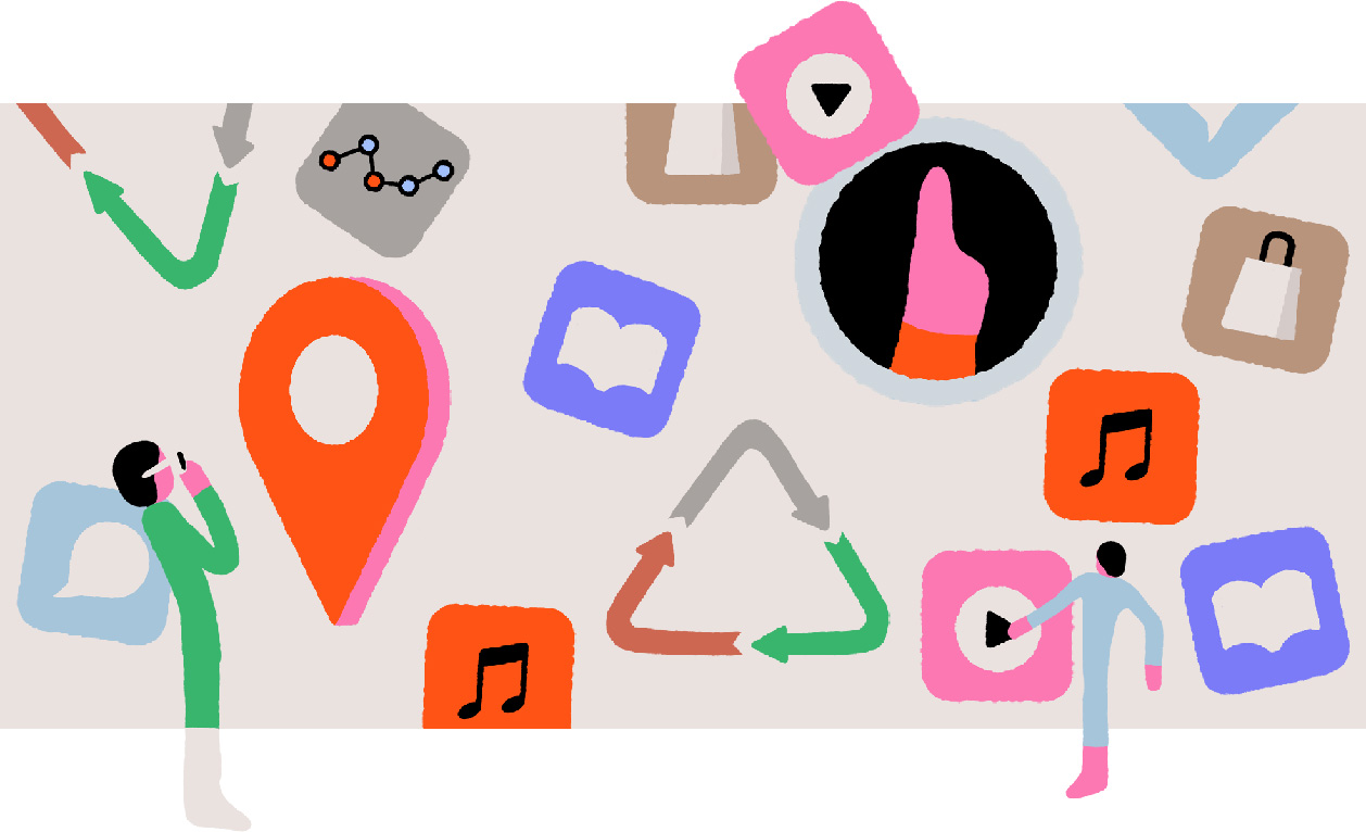 Illustration of floating app icons with different functions and   A person on the left is wearing special glasses and looking at the world in three dimensions. The icons represent music, books, location, finger gestures, and recycling.