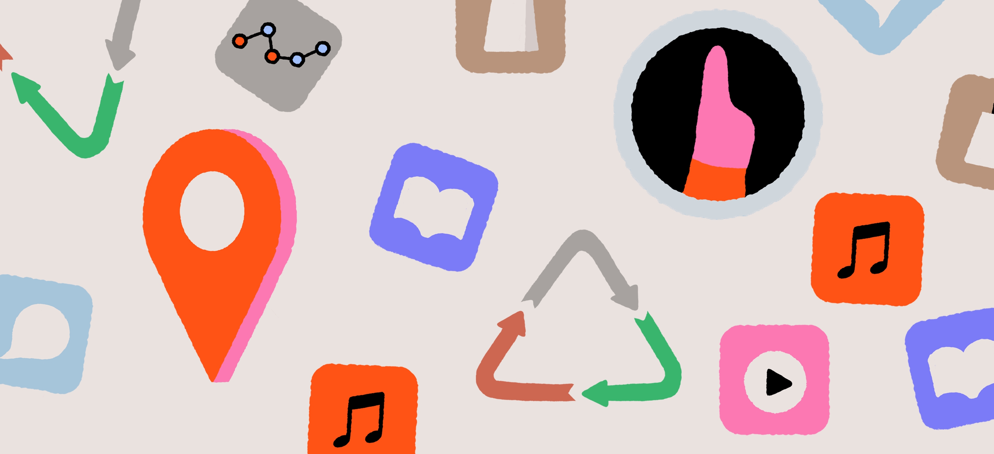 Illustration of floating app icons with different functions and   A person on the left is wearing special glasses and looking at the world in three dimensions. The icons represent music, books, location, finger gestures, and recycling.