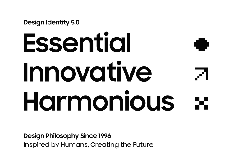Image of text related to Samsung's design philosophy. The words <Design Identity 5.0 Essential, Innovative, Harmonious> are written on it.