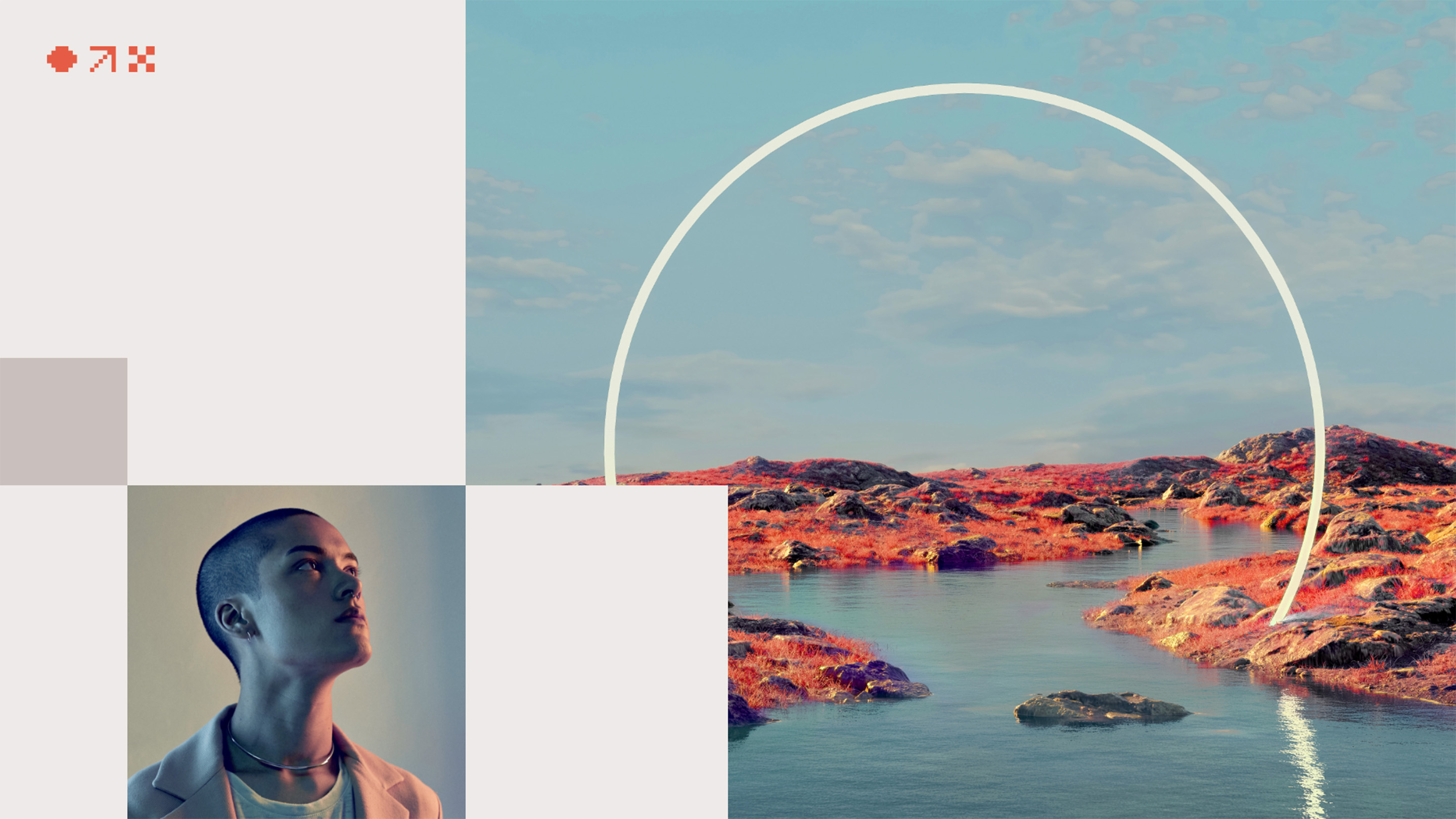 A red nature landscape, a sky with white arcs, and a side view of a thoughtful shaved man are each placed within a square grid.